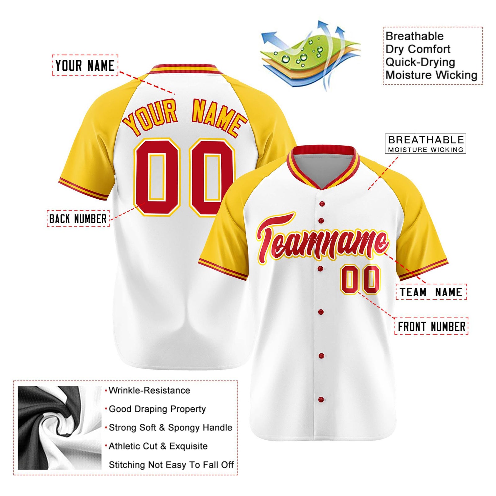 Custom White Yellow Red Authentic Colored Buttons Baseball Jersey