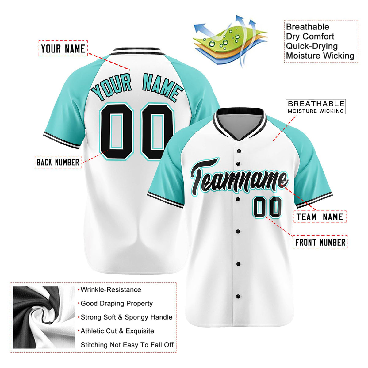 Custom White Black Light Blue Authentic Colored Buttons Baseball Jersey