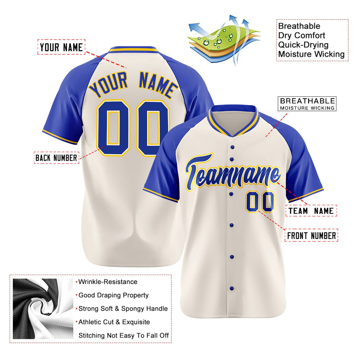 Custom Cream Blue Gold Authentic Colored Buttons Baseball Jersey