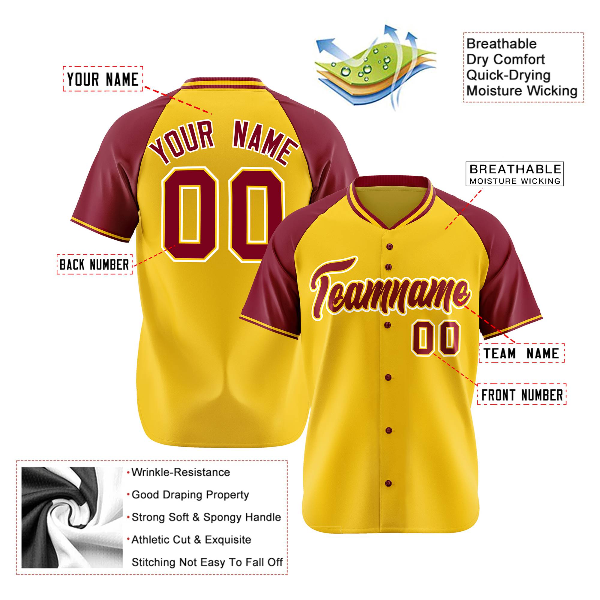 Custom Yellow Burgundy White Authentic Colored Buttons Baseball Jersey