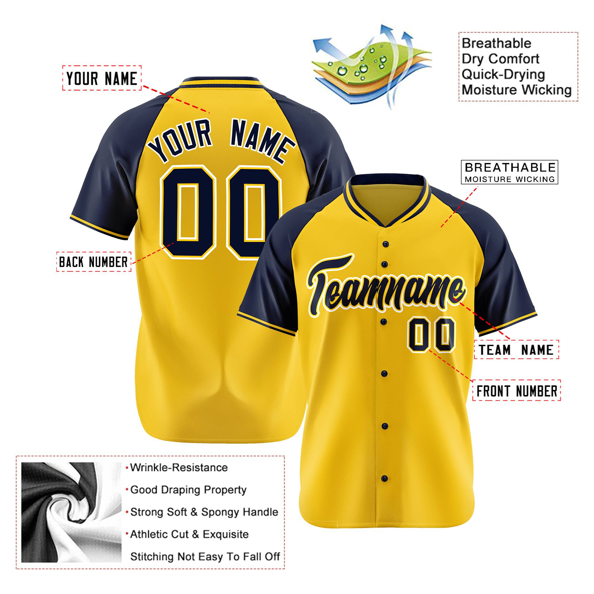 Custom Yellow Navy White Authentic Colored Buttons Baseball Jersey