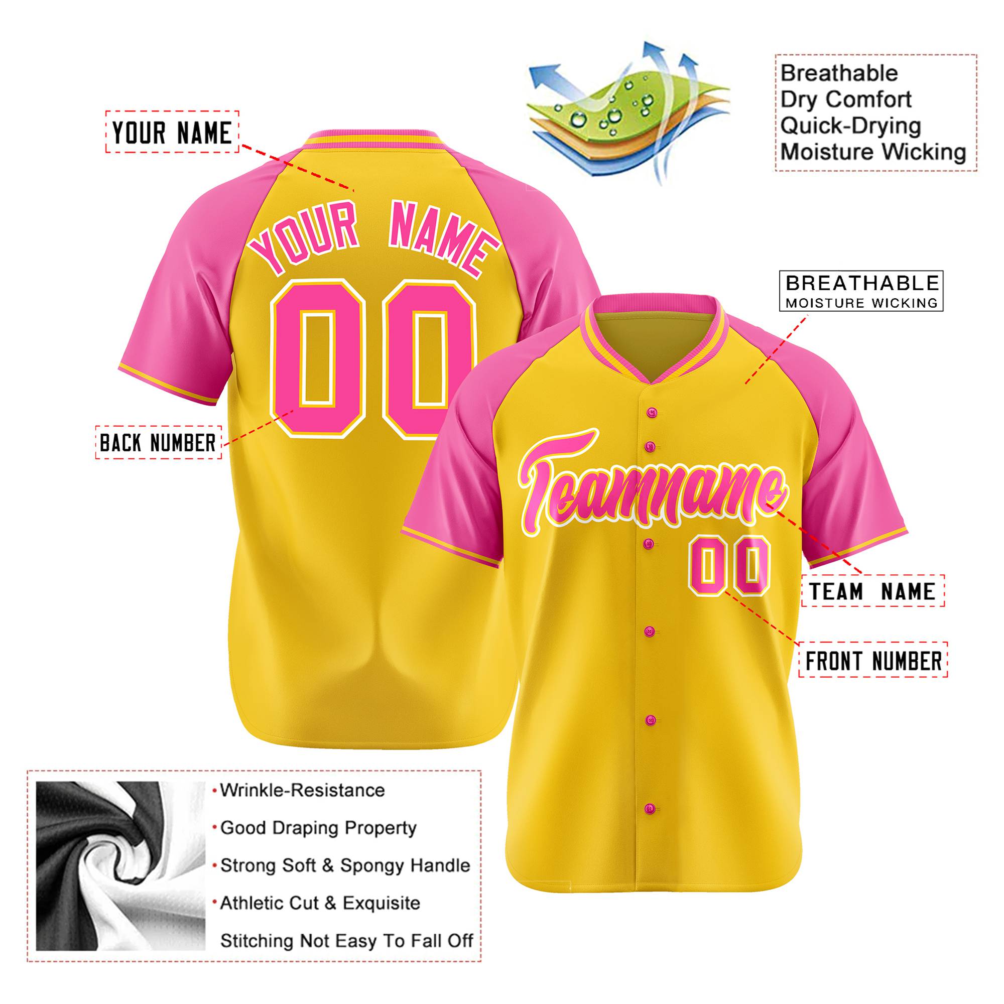 Custom Yellow Pink White Authentic Colored Buttons Baseball Jersey