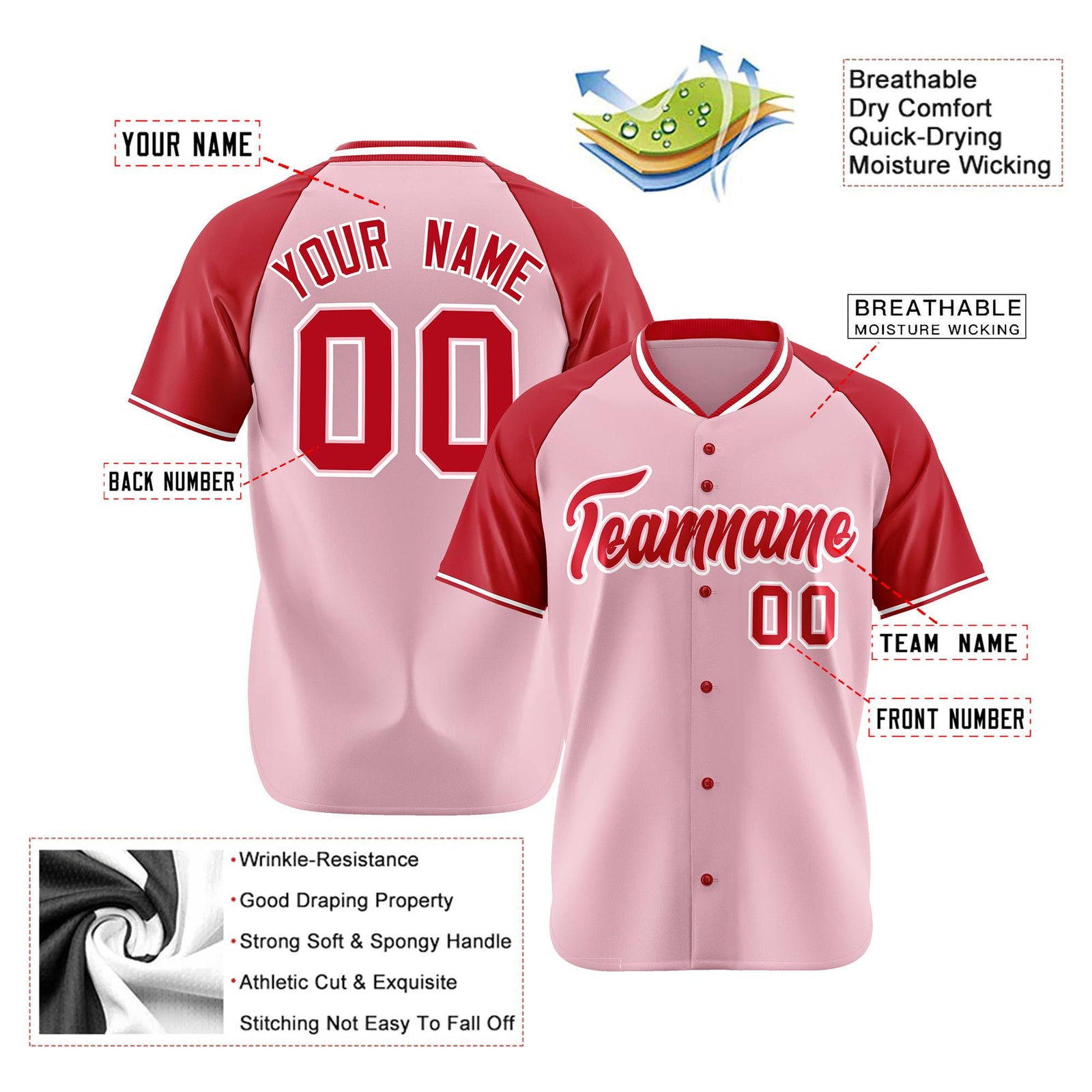 Custom Pink Red White Authentic Colored Buttons Baseball Jersey