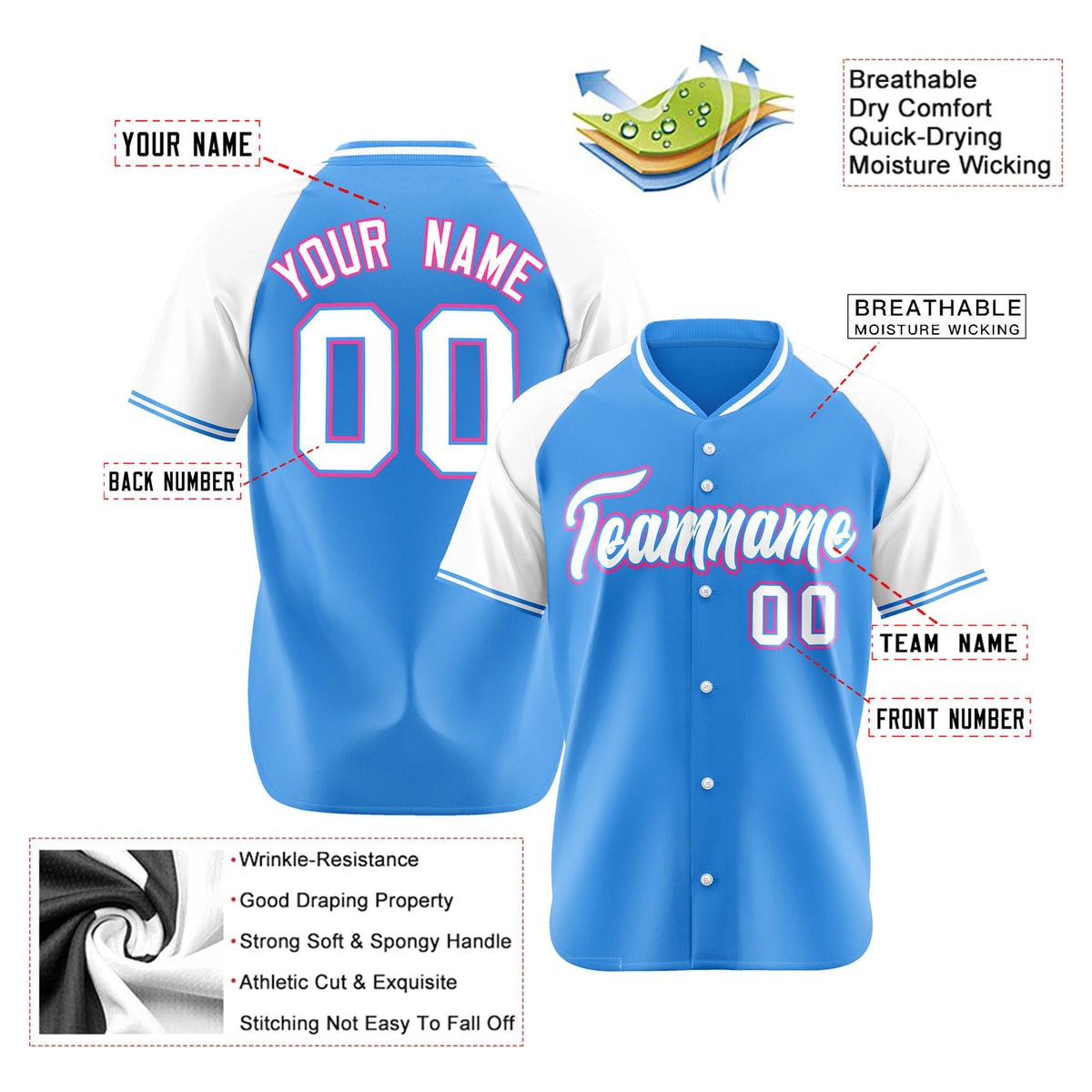 Custom Blue White Pink Authentic Colored Buttons Baseball Jersey