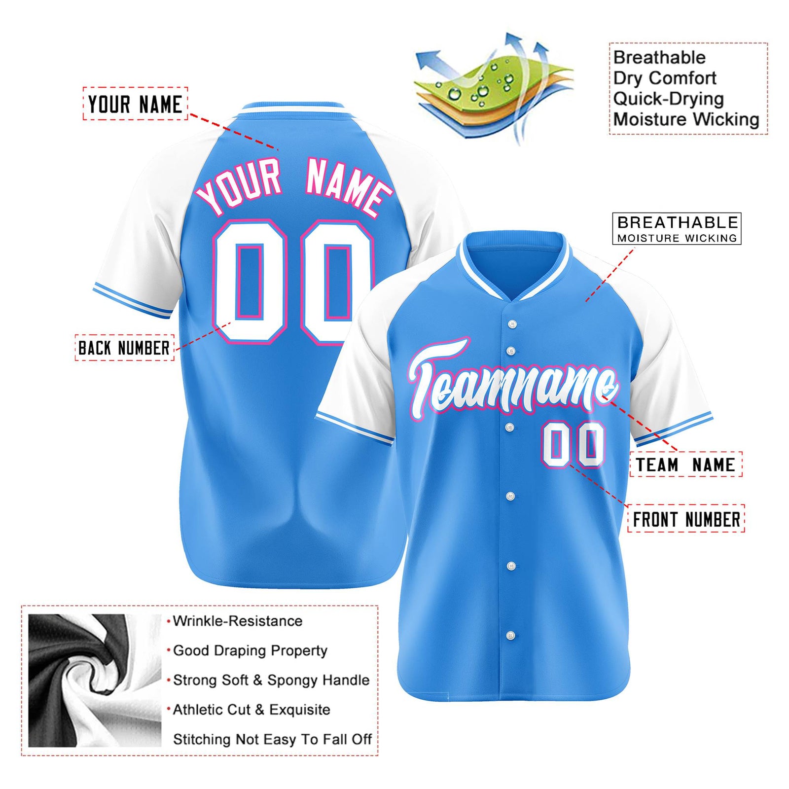 Custom Blue White Pink Authentic Colored Buttons Baseball Jersey