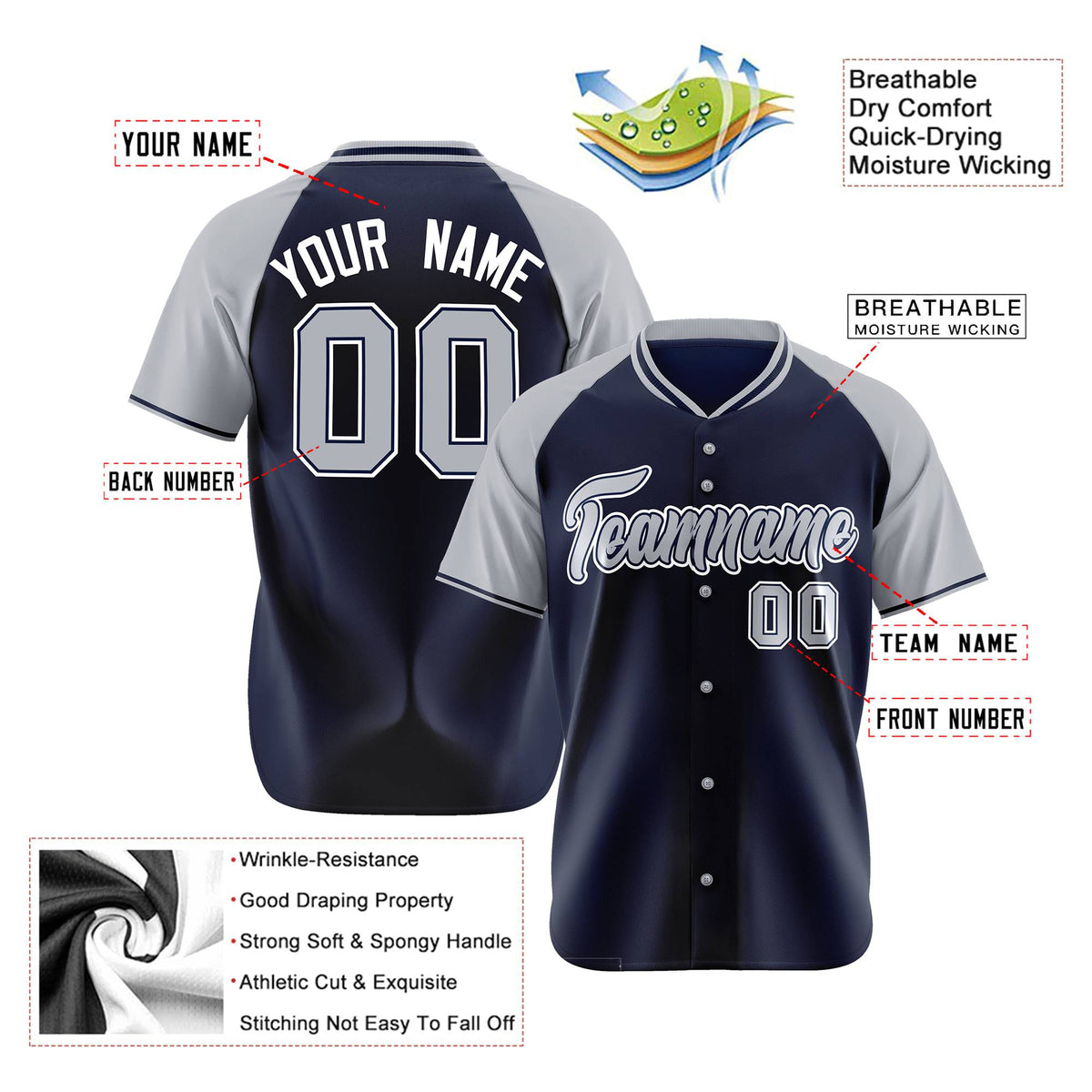 Custom Navy Gray White Authentic Colored Buttons Baseball Jersey