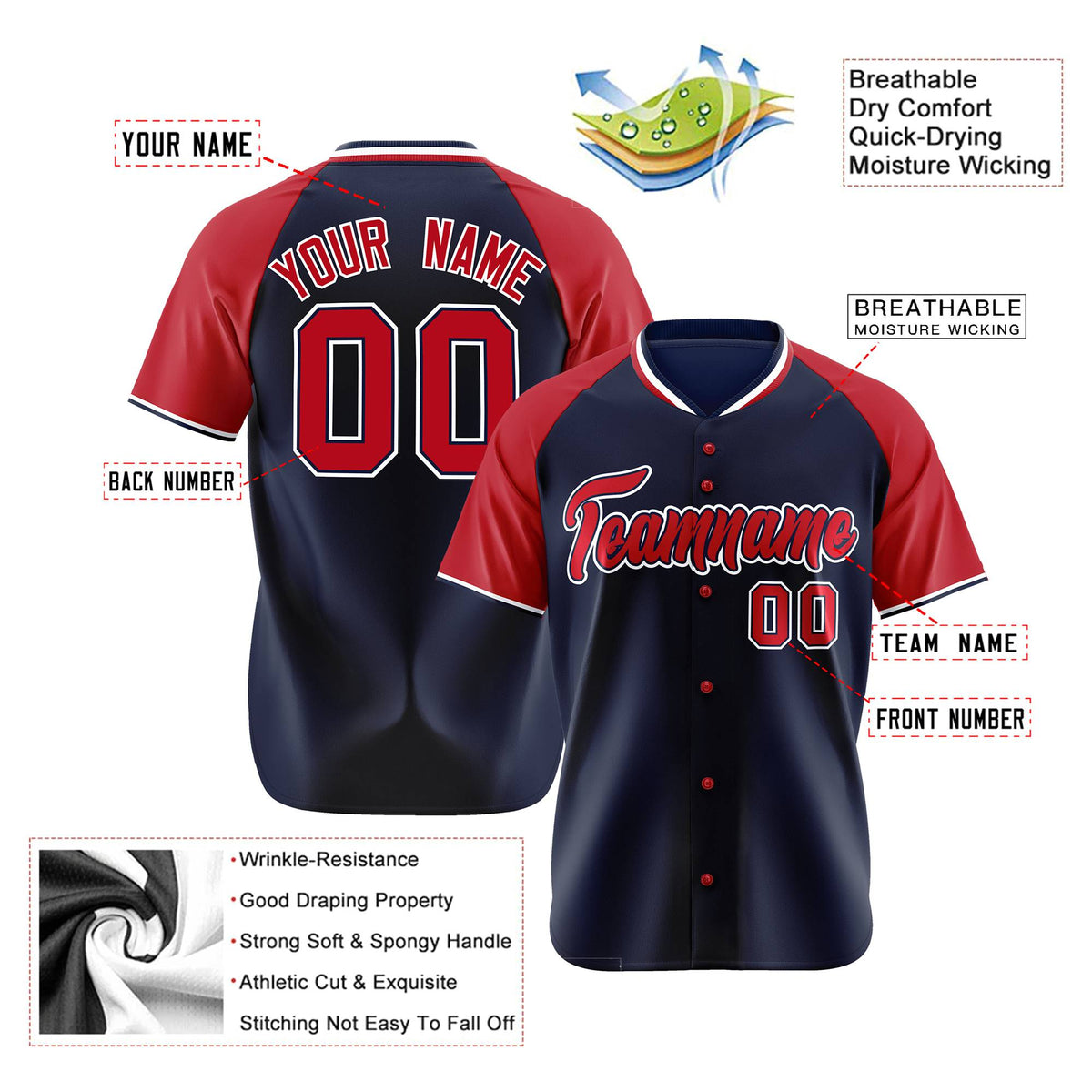Custom Navy Red White Authentic Colored Buttons Baseball Jersey