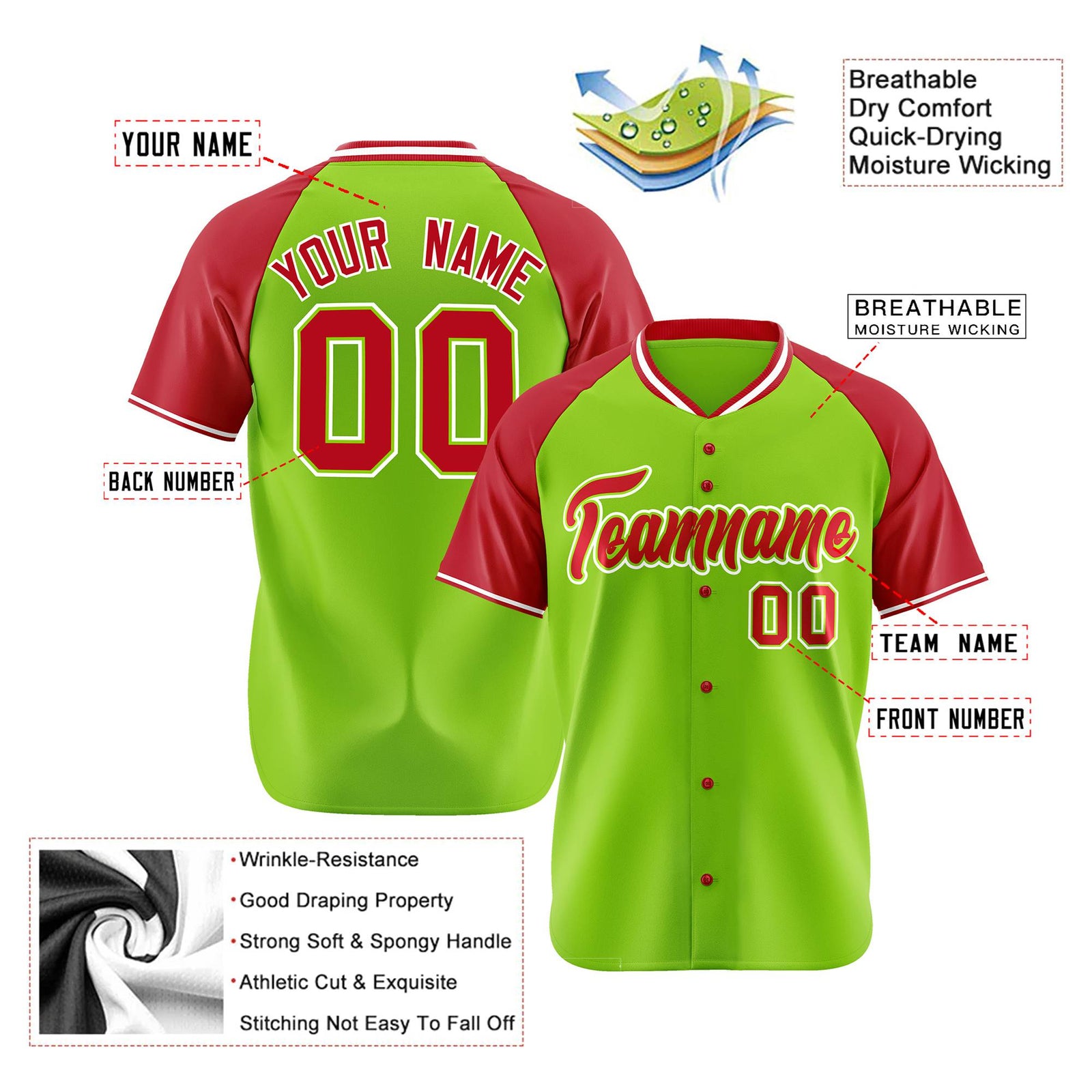Custom Neon Green Red White Authentic Colored Buttons Baseball Jersey