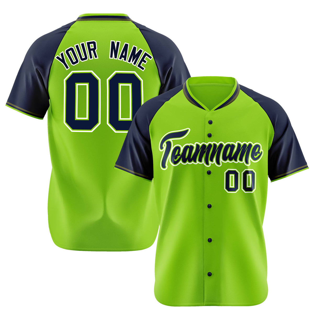 Custom Neon Green Navy White Authentic Colored Buttons Baseball Jersey