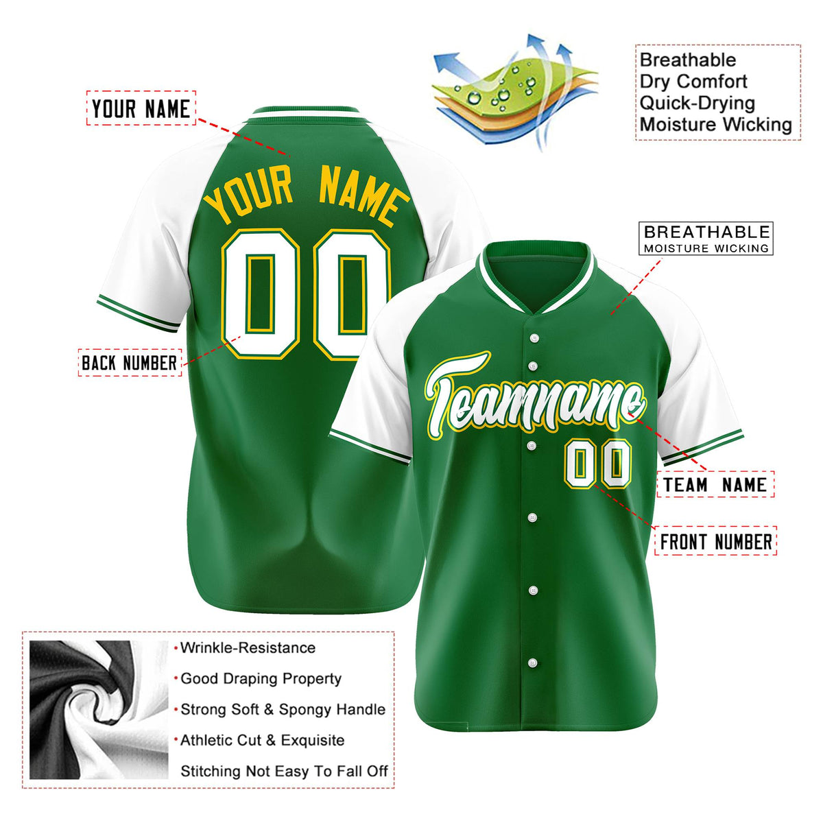 Custom Kelly Green White Yellow Authentic Colored Buttons Baseball Jersey