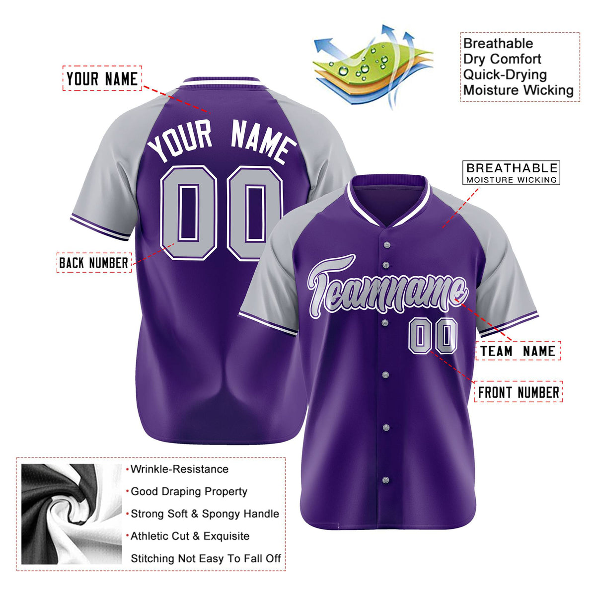 Custom Purple Gray White Authentic Colored Buttons Baseball Jersey