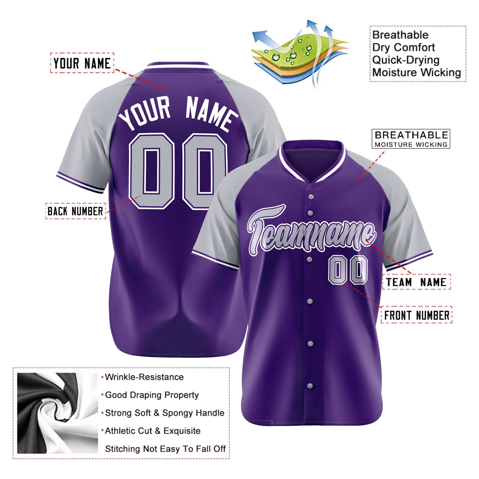 Custom Purple Gray White Authentic Colored Buttons Baseball Jersey