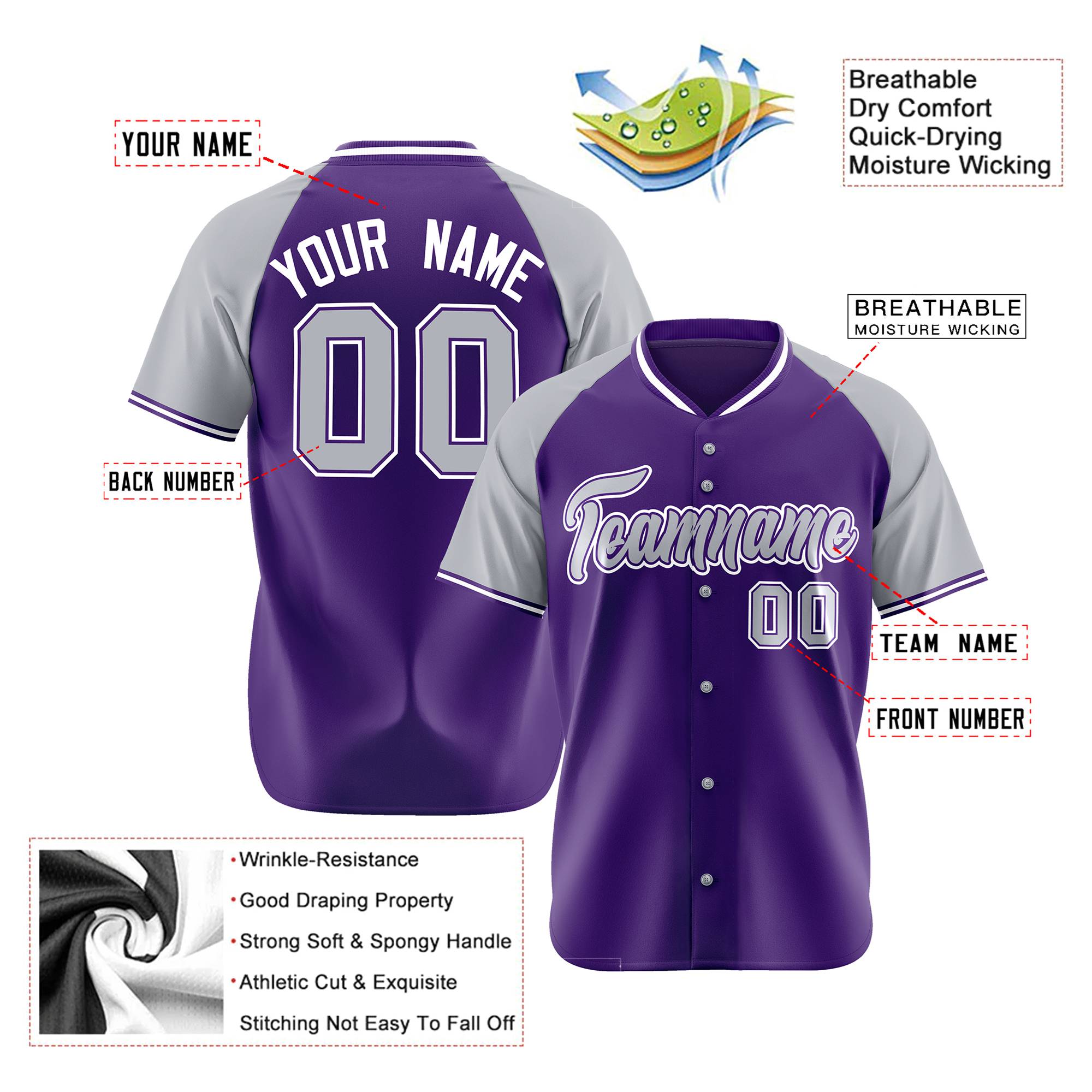 Custom Purple Gray White Authentic Colored Buttons Baseball Jersey