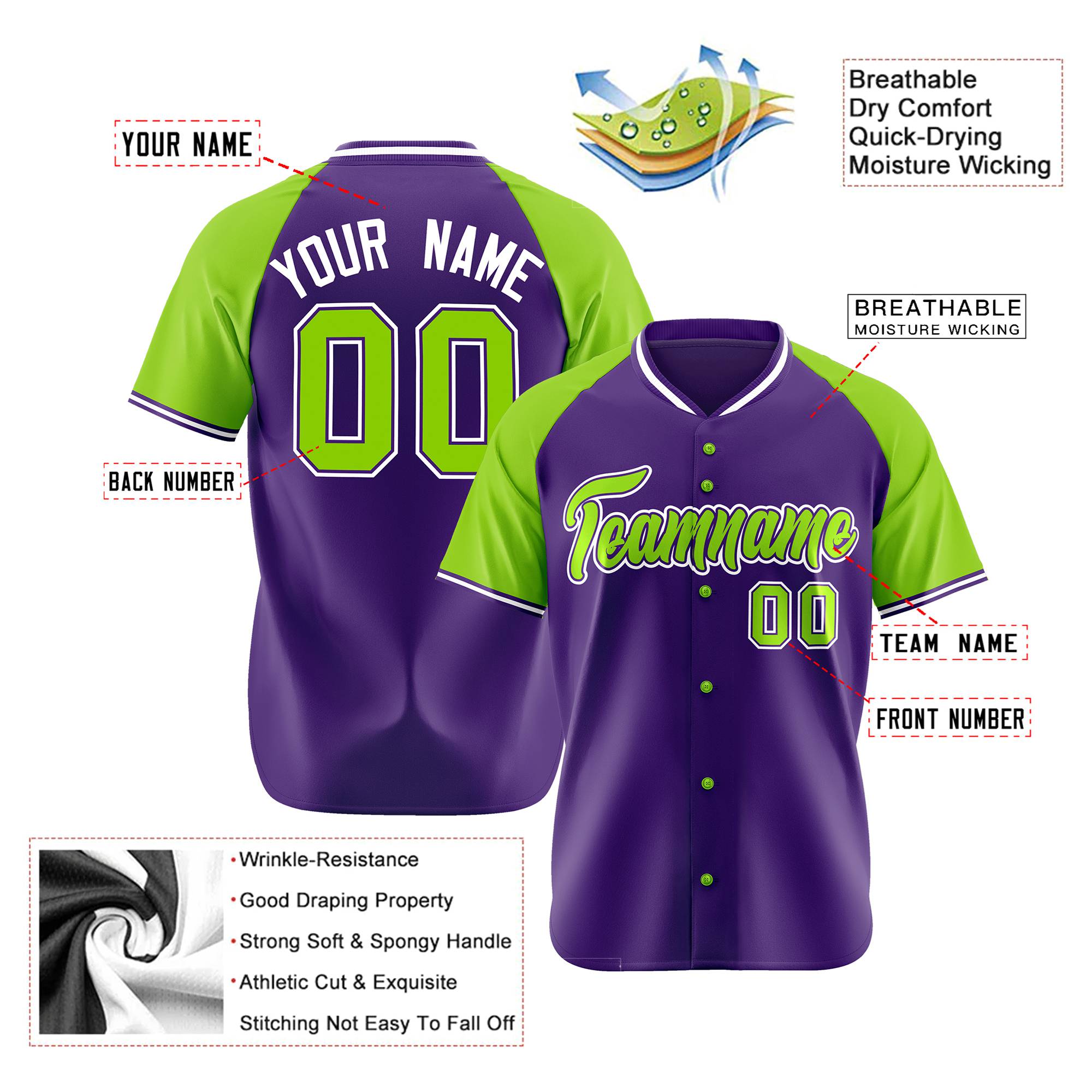 Custom Purple Neon Green White Authentic Colored Buttons Baseball Jersey