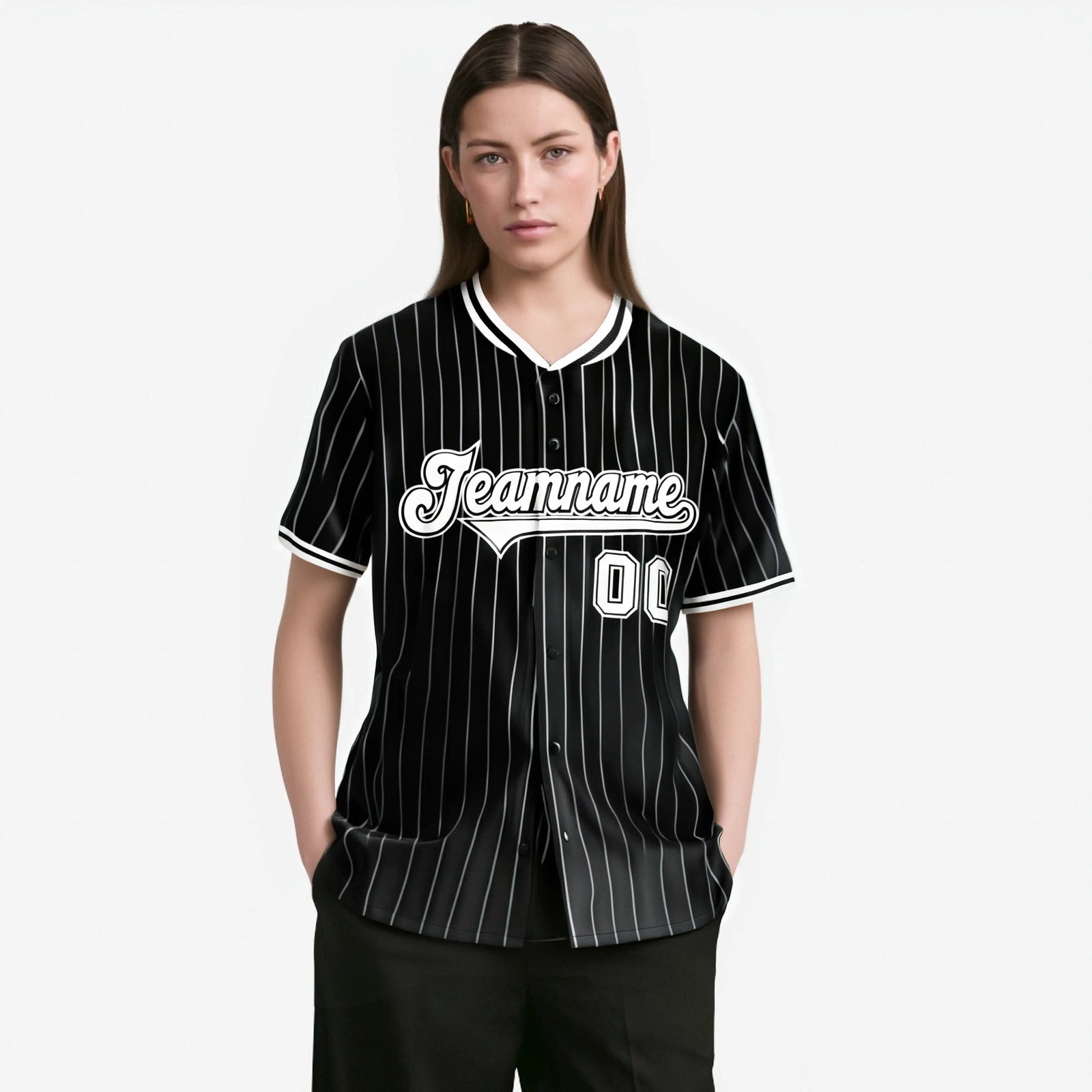 Custom Black White Pinstripe Black-White Authentic Baseball Jersey
