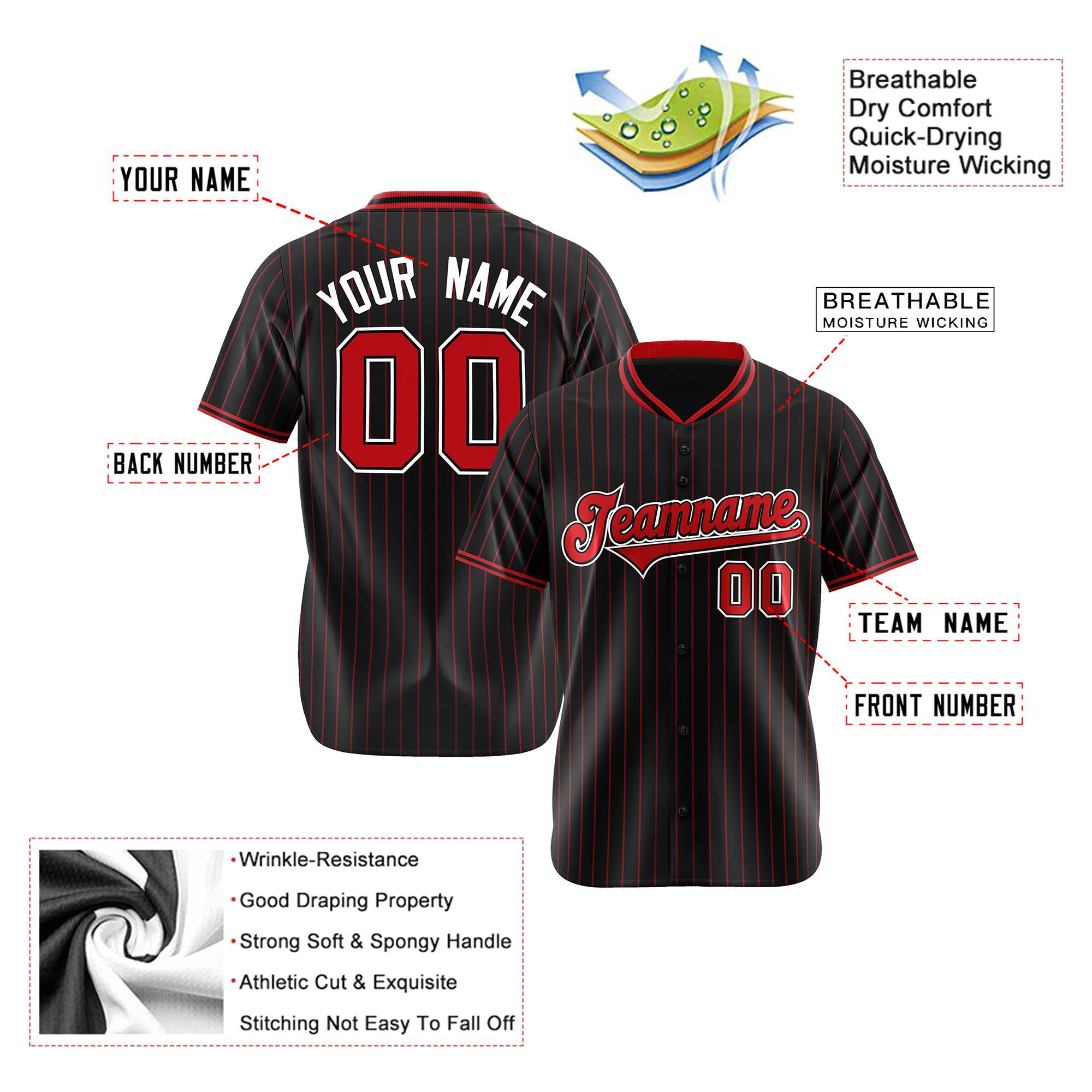 Custom Black Red Pinstripe Red-White Authentic Baseball Jersey