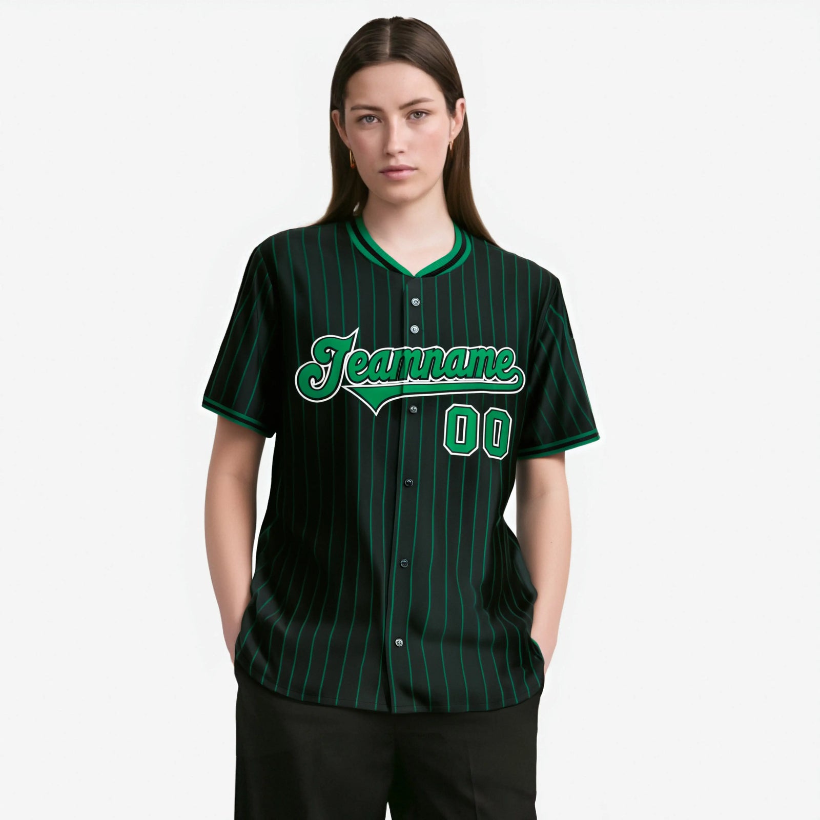 Custom Black Green Pinstripe Green-White Authentic Baseball Jersey