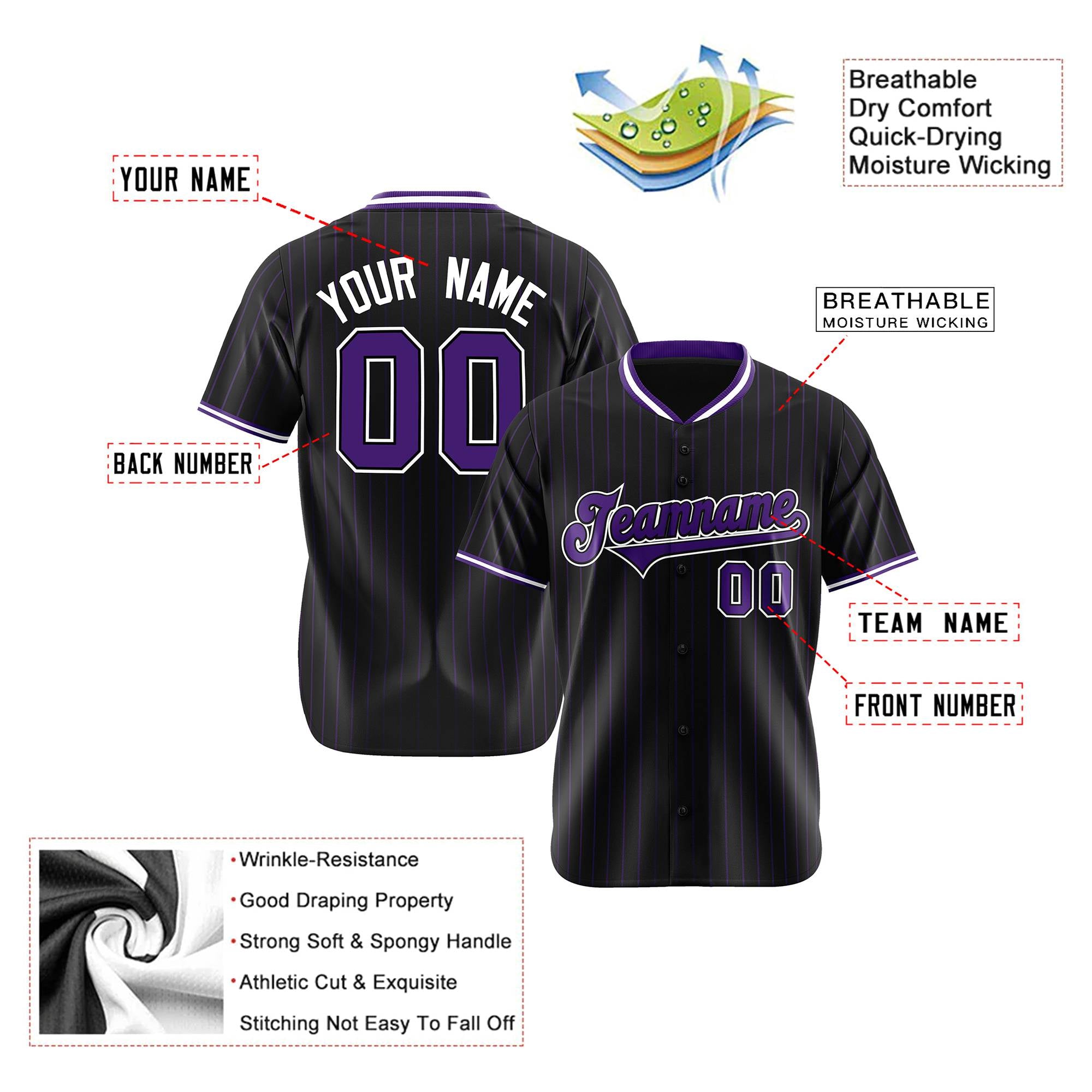 Custom Black Purple Pinstripe Purple-White Authentic Baseball Jersey