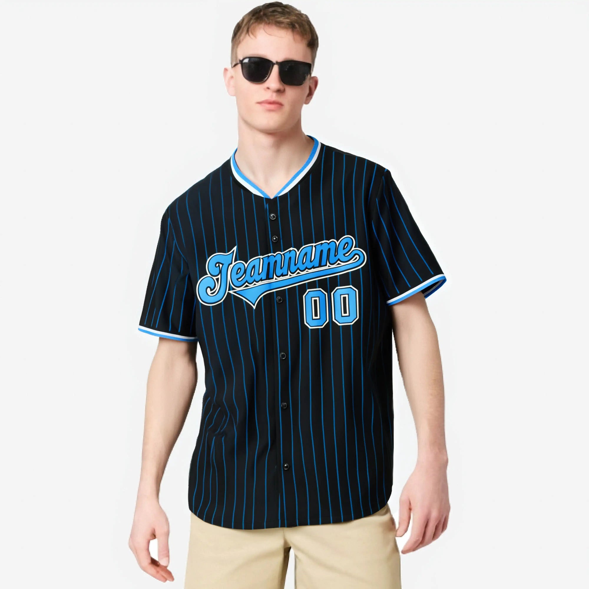 Custom Black Blue Pinstripe Blue-White Authentic Baseball Jersey