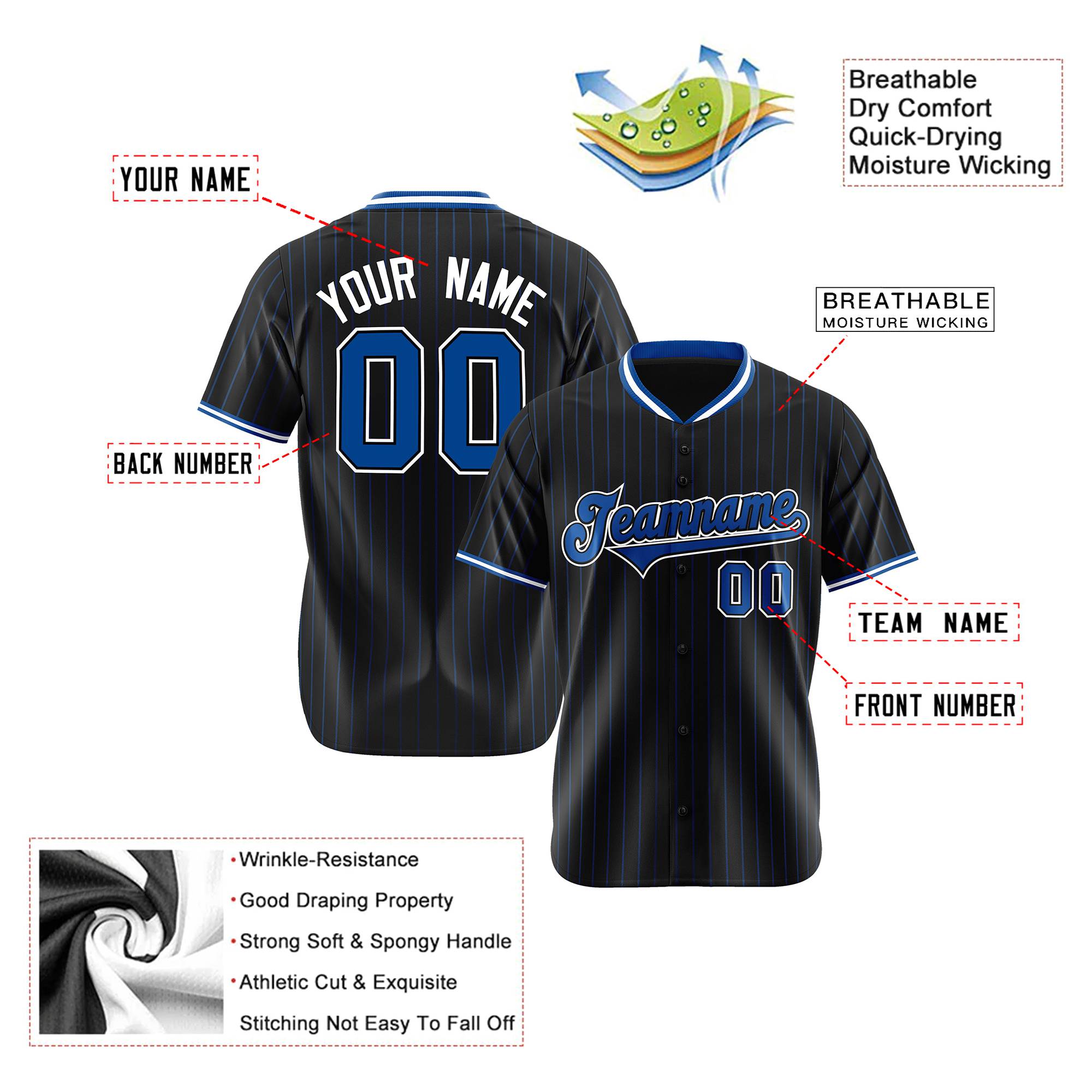 Custom Black Electric-Blue Pinstripe Electric-Blue White Authentic Baseball Jersey