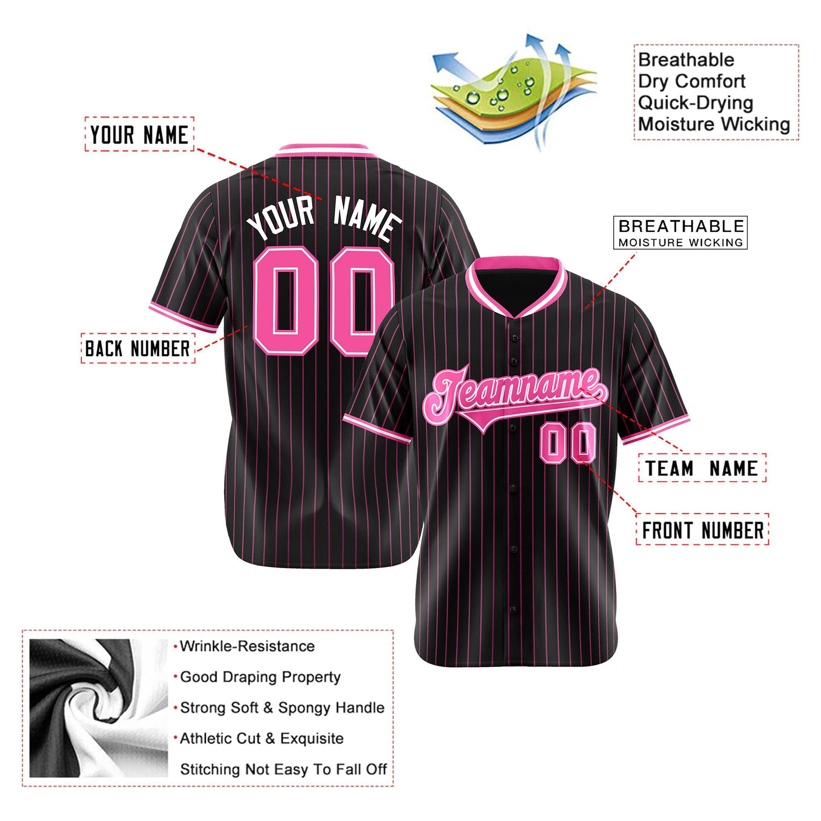 Custom Black Pink Pinstripe Pink-White Authentic Baseball Jersey
