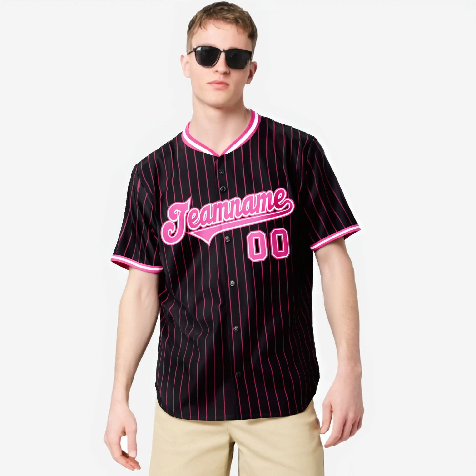 Custom Black Pink Pinstripe Pink-White Authentic Baseball Jersey