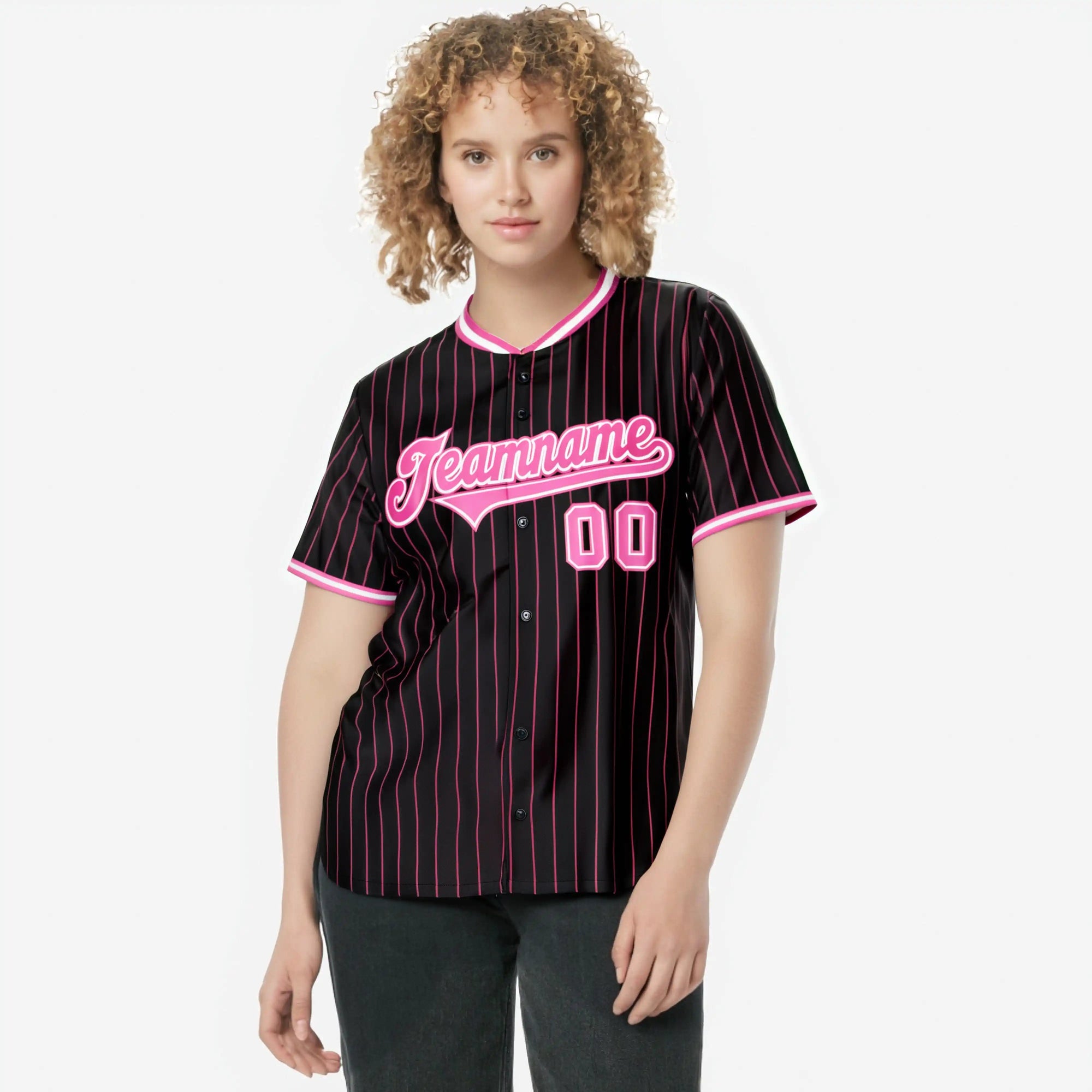 Custom Black Pink Pinstripe Pink-White Authentic Baseball Jersey