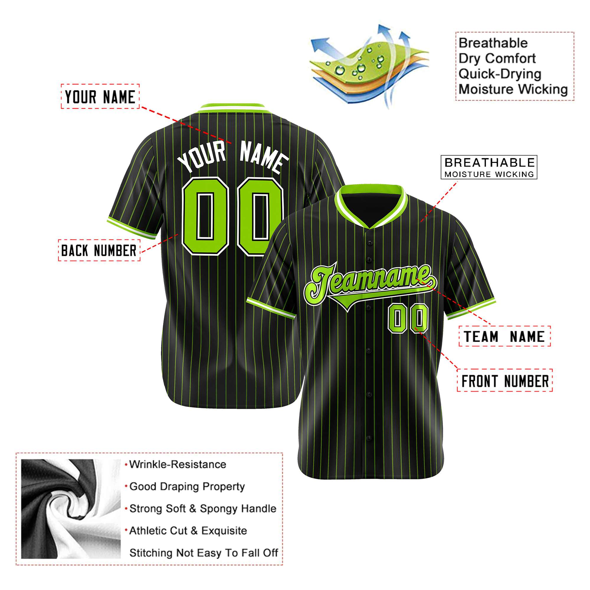 Custom Black Neon-Green Pinstripe Neon-Green White Authentic Baseball Jersey