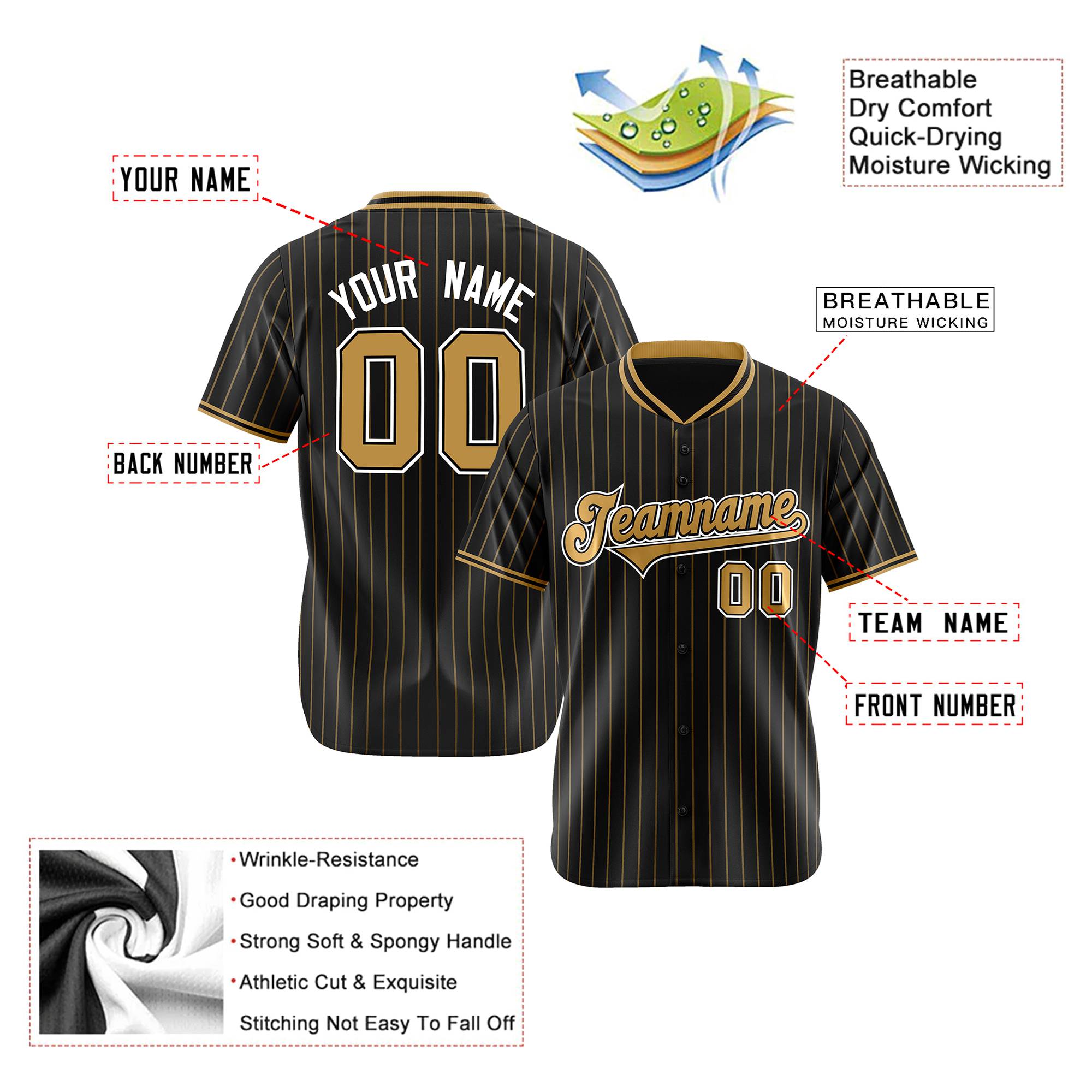 Custom Black Old-Gold Pinstripe Old-Gold White Authentic Baseball Jersey