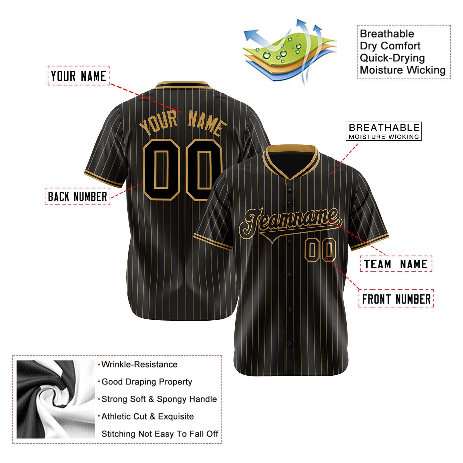 Custom Black Old-Gold Pinstripe Black Old-Gold Authentic Baseball Jersey