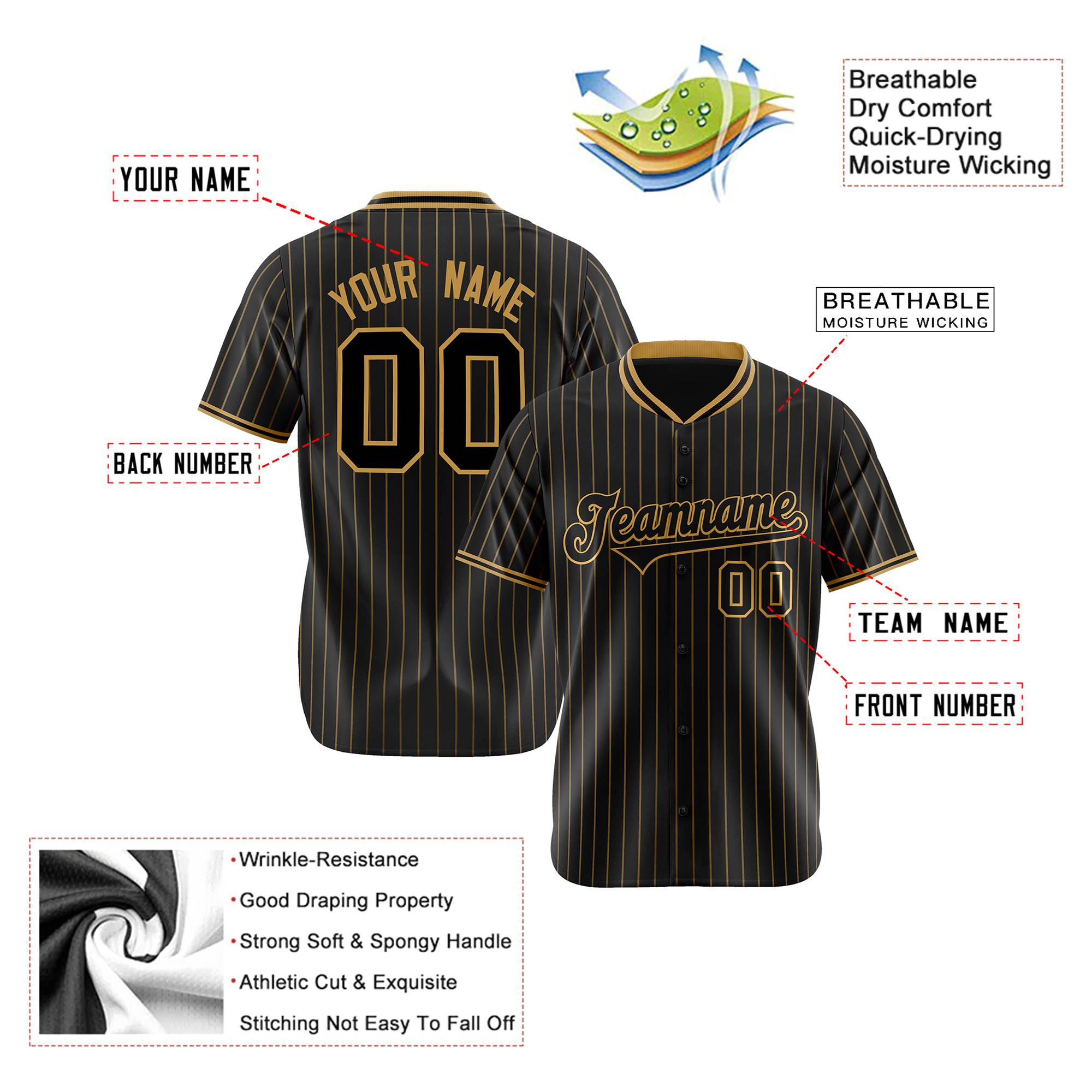 Custom Black Old-Gold Pinstripe Black Old-Gold Authentic Baseball Jersey