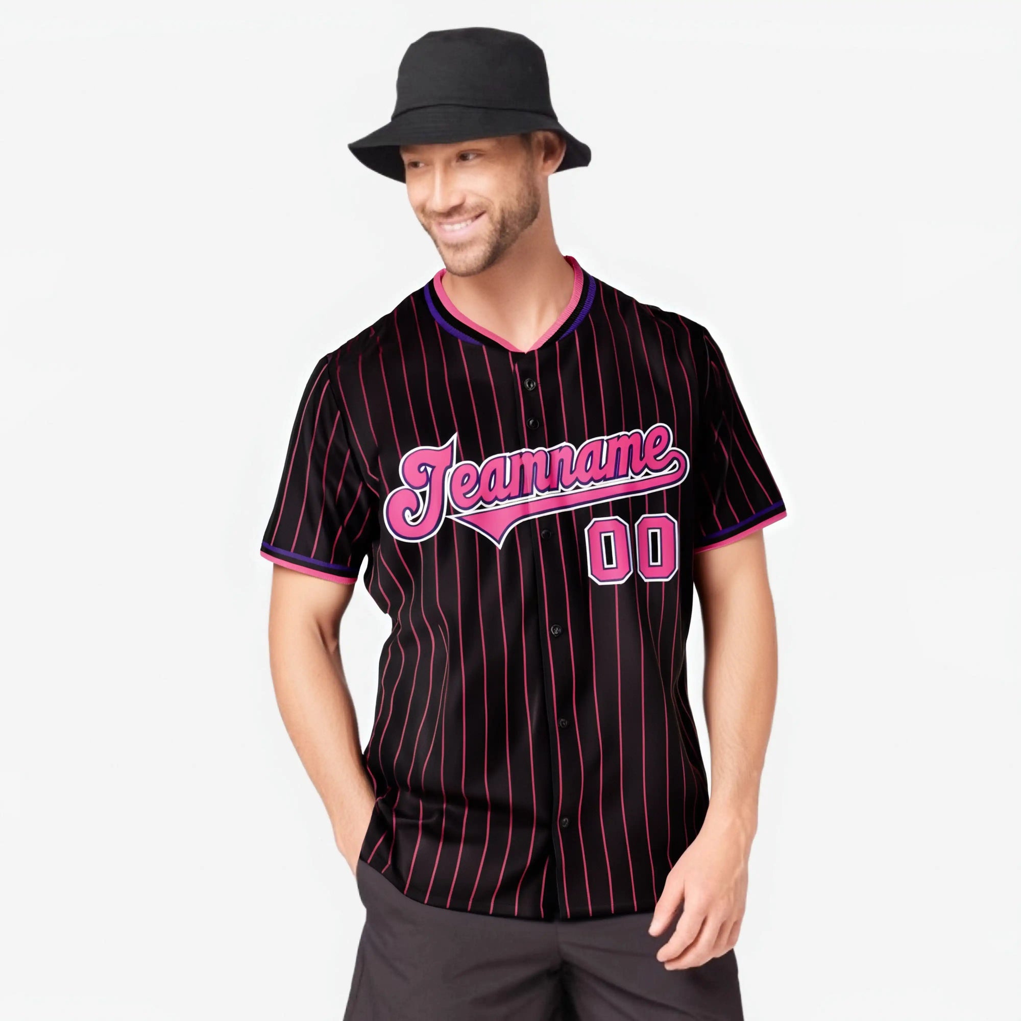 Custom Black Pink Pinstripe Pink-Purple Authentic Baseball Jersey