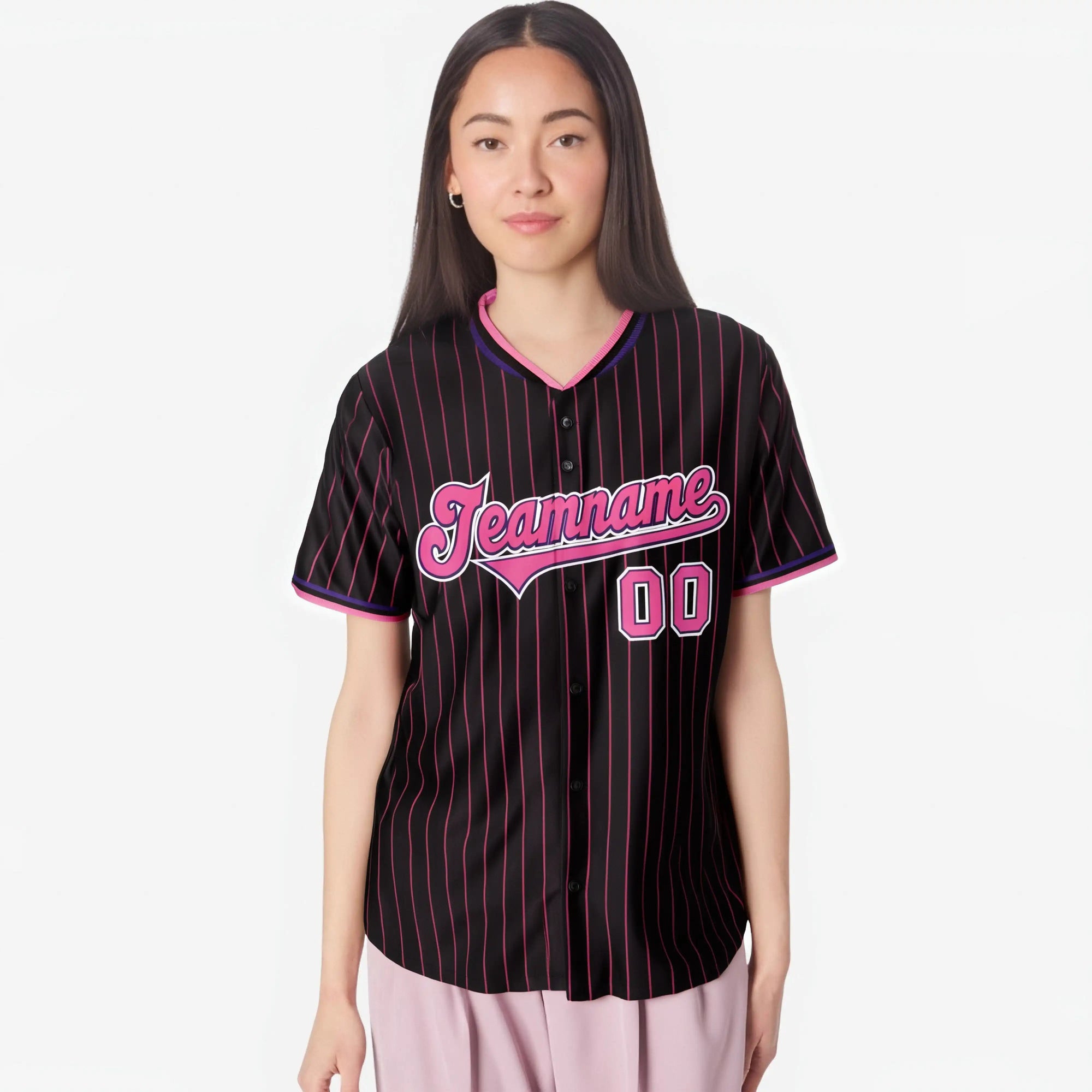 Custom Black Pink Pinstripe Pink-Purple Authentic Baseball Jersey