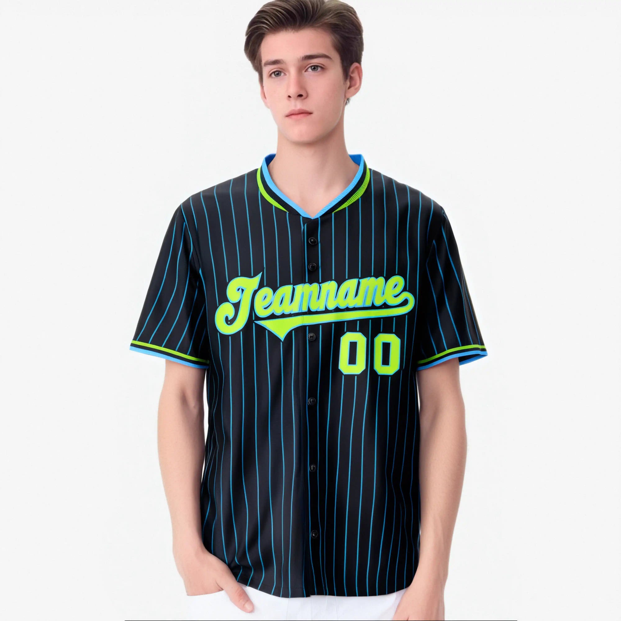 Custom Black Blue Pinstripe Neon-Green Blue Authentic Baseball Jersey