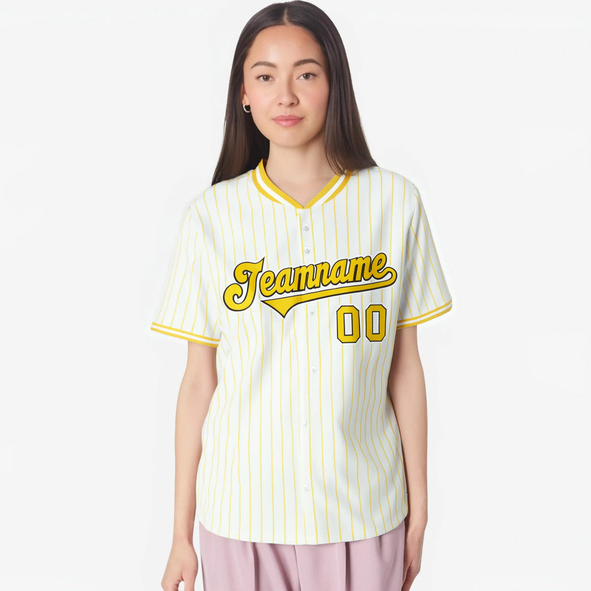 Custom White Yellow Pinstripe White-Yellow Black Authentic Baseball Jersey