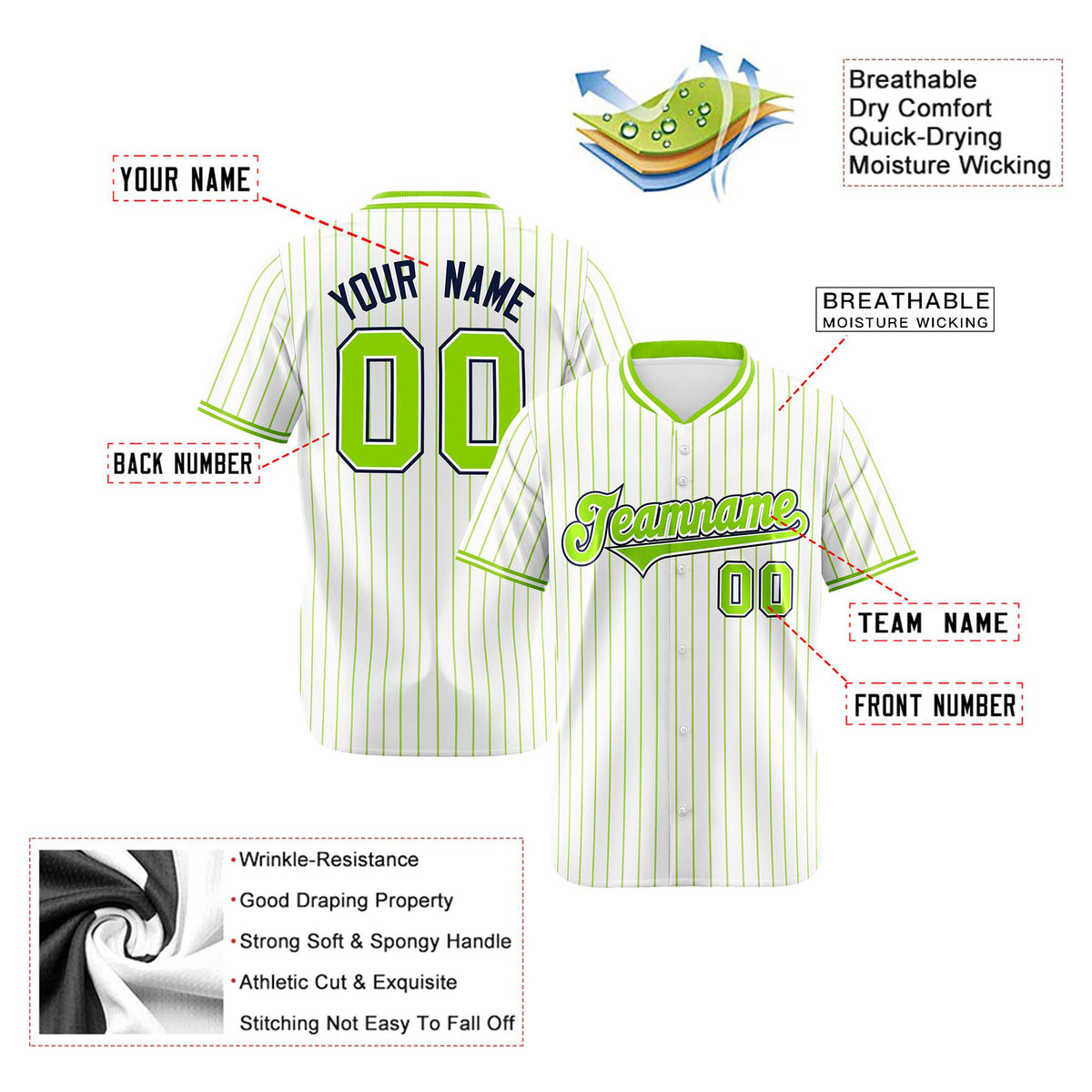 Custom White Neon-Green Pinstripe White Neon-Green Black Authentic Baseball Jersey