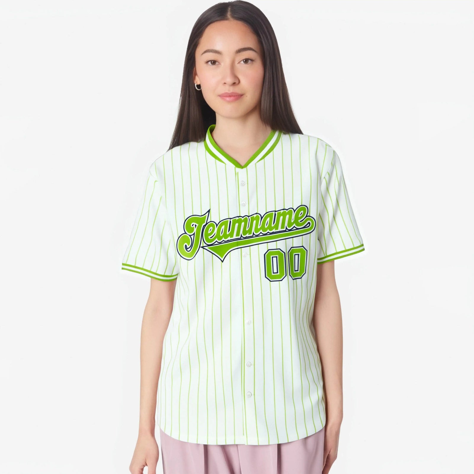 Custom White Neon-Green Pinstripe White Neon-Green Black Authentic Baseball Jersey