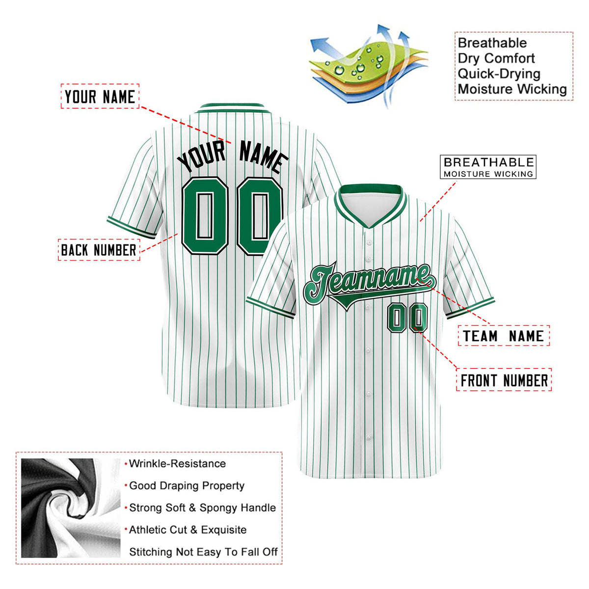 Custom White Kelly-Green Pinstripe White Kelly-Green Black Authentic Baseball Jersey