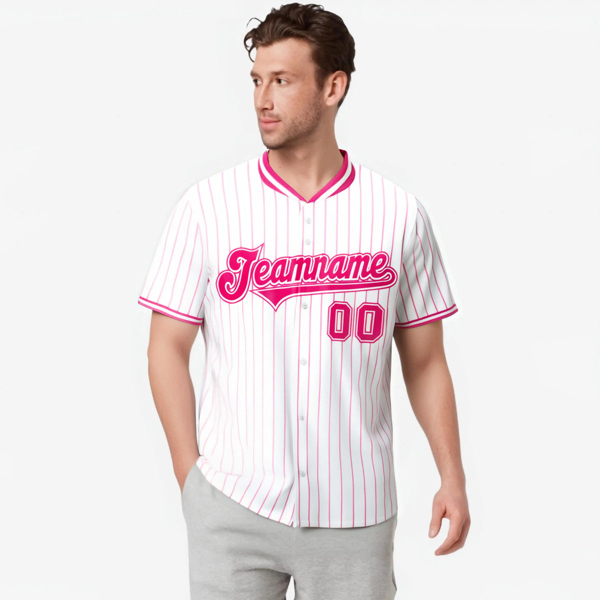 Custom White Pink Pinstripe White-Pink Authentic Baseball Jersey