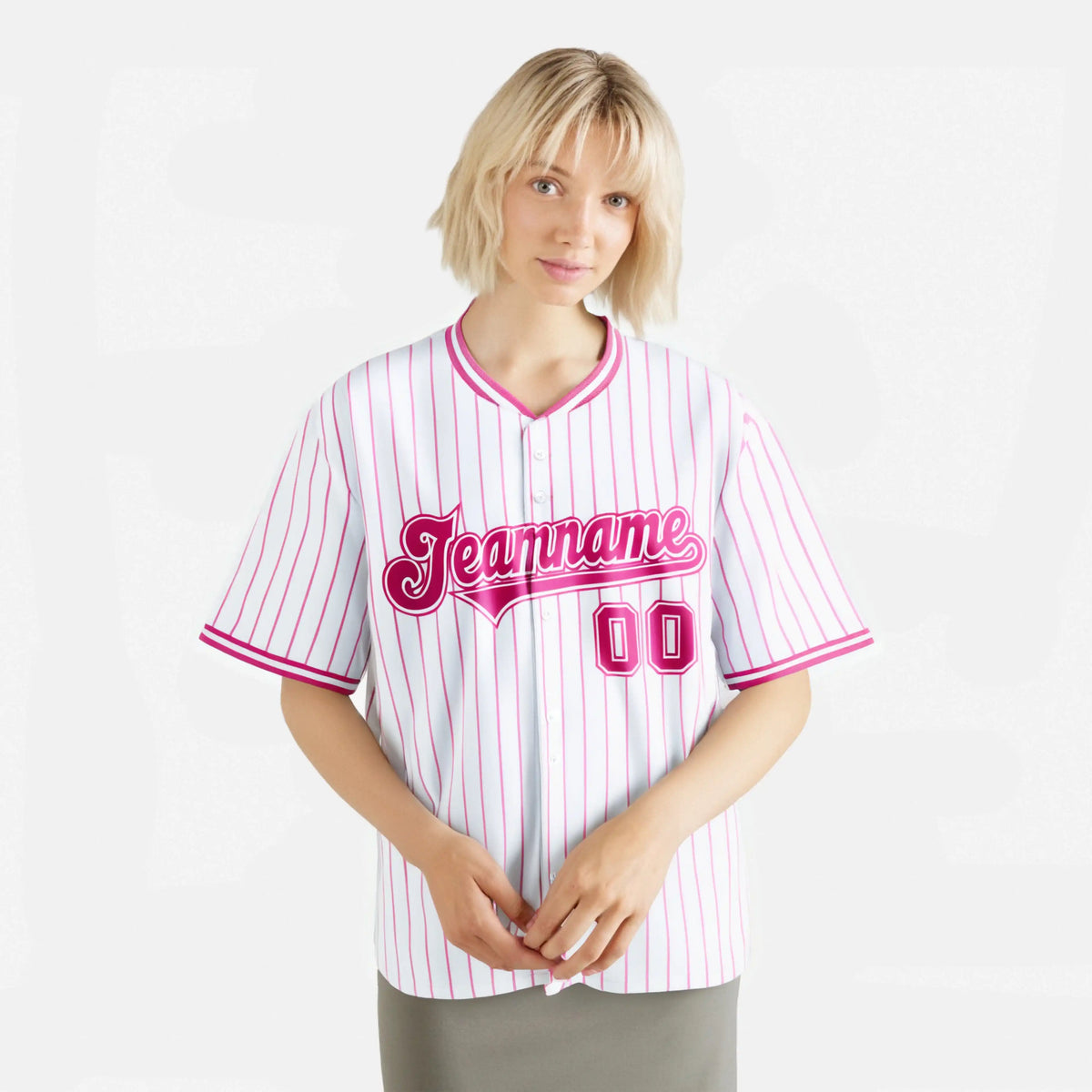 Custom White Pink Pinstripe White-Pink Authentic Baseball Jersey