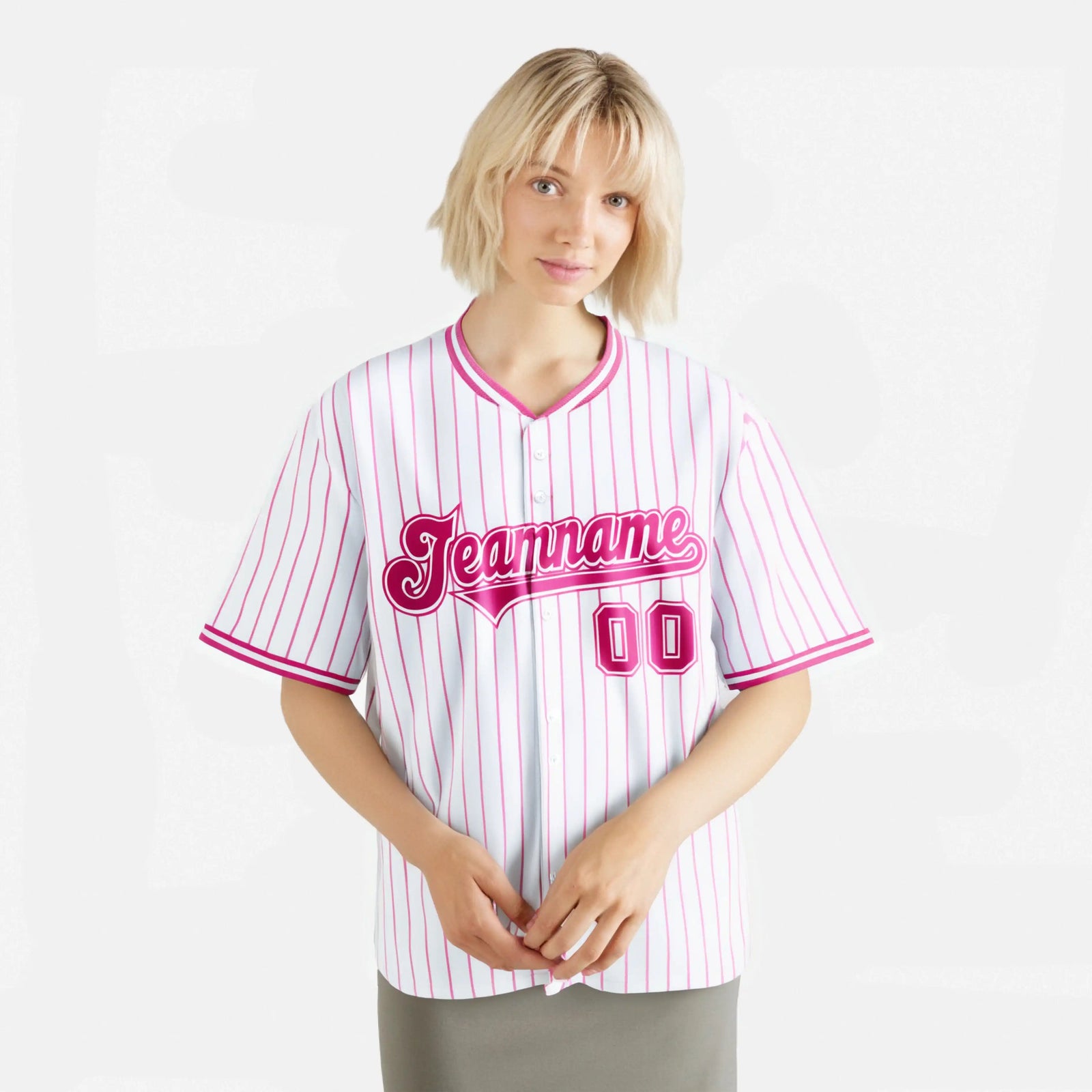Custom White Pink Pinstripe White-Pink Authentic Baseball Jersey
