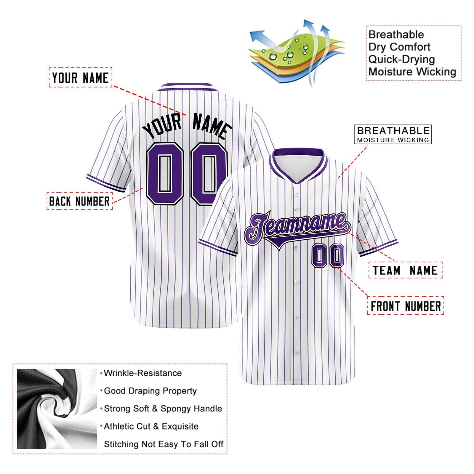 Custom White Purple Pinstripe White-Purple Black Authentic Baseball Jersey