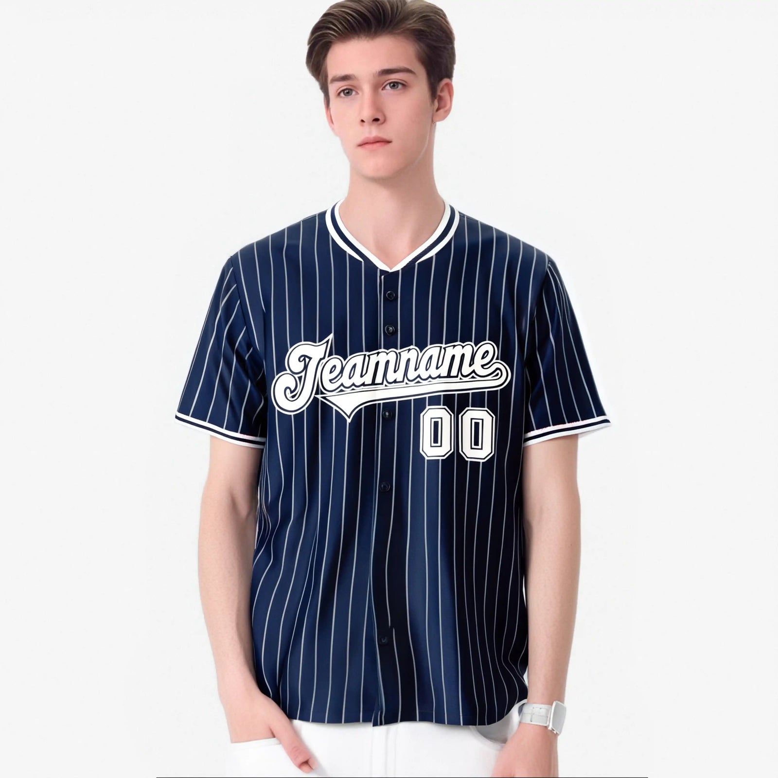 Custom Navy White Pinstripe Navy-White Authentic Baseball Jersey