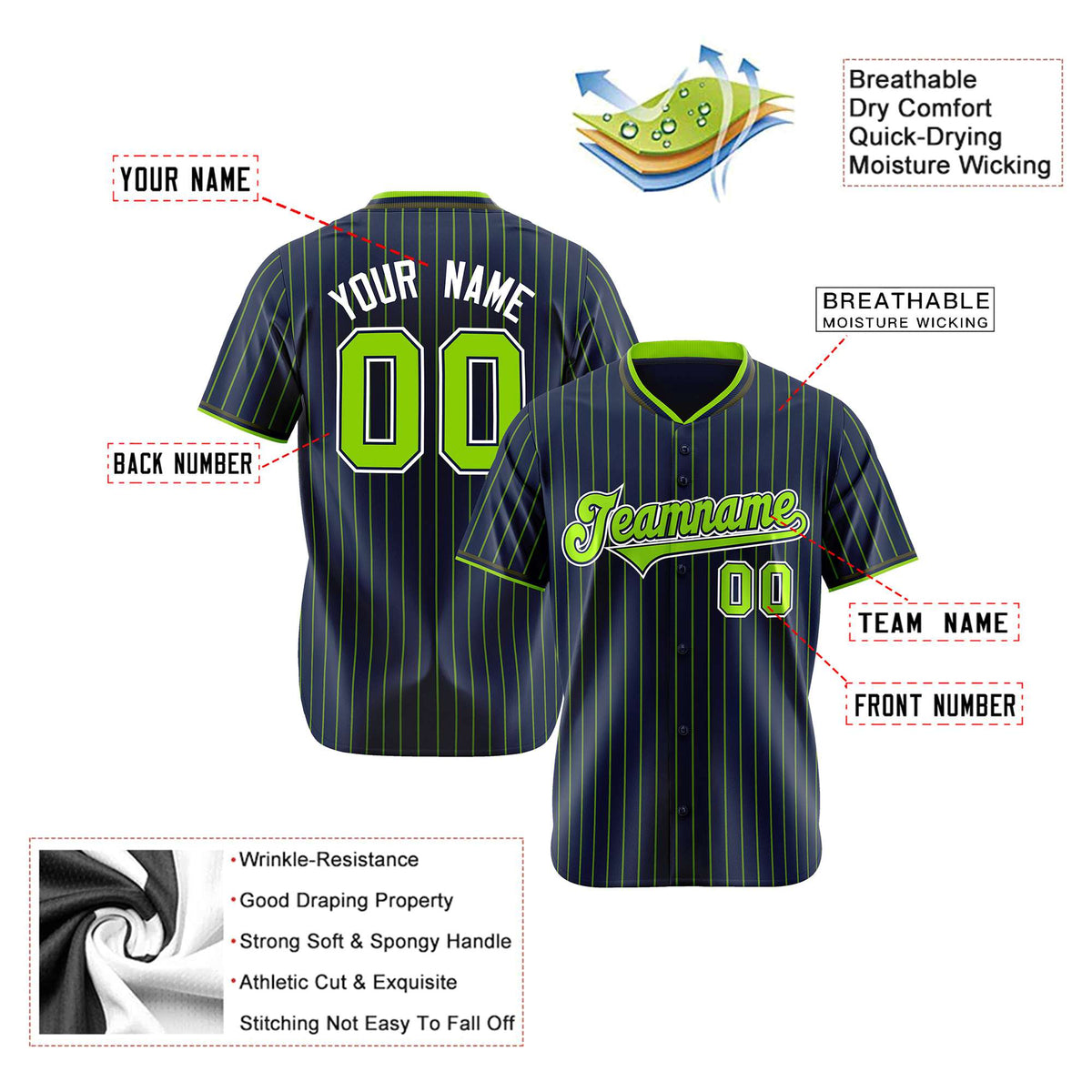 Custom Navy Neon-Green Pinstripe Neon-Green White Authentic Baseball Jersey