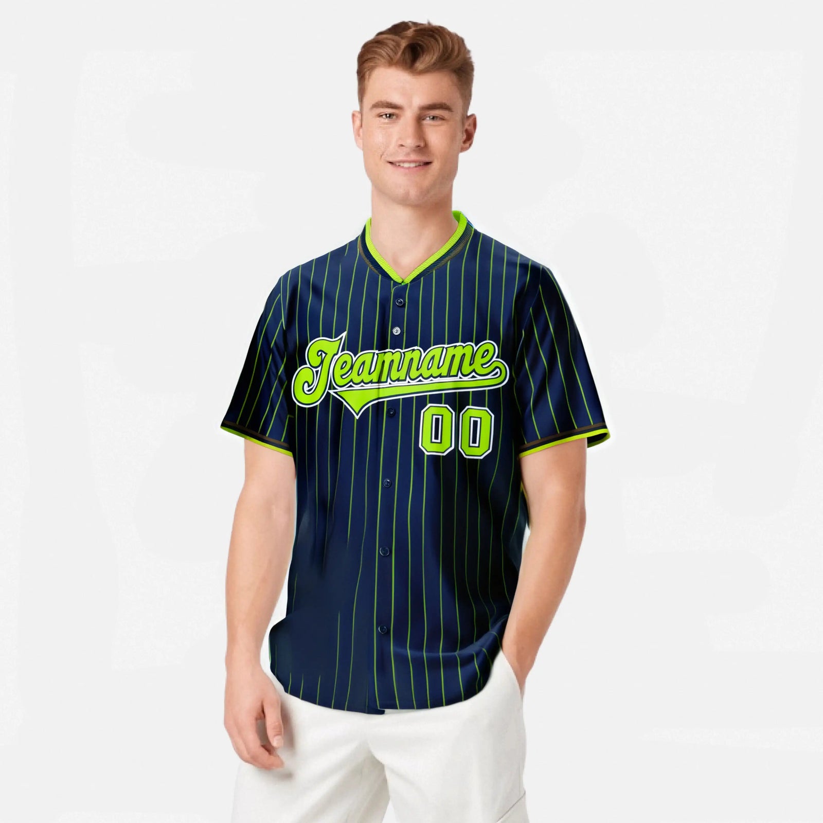 Custom Navy Neon-Green Pinstripe Neon-Green White Authentic Baseball Jersey