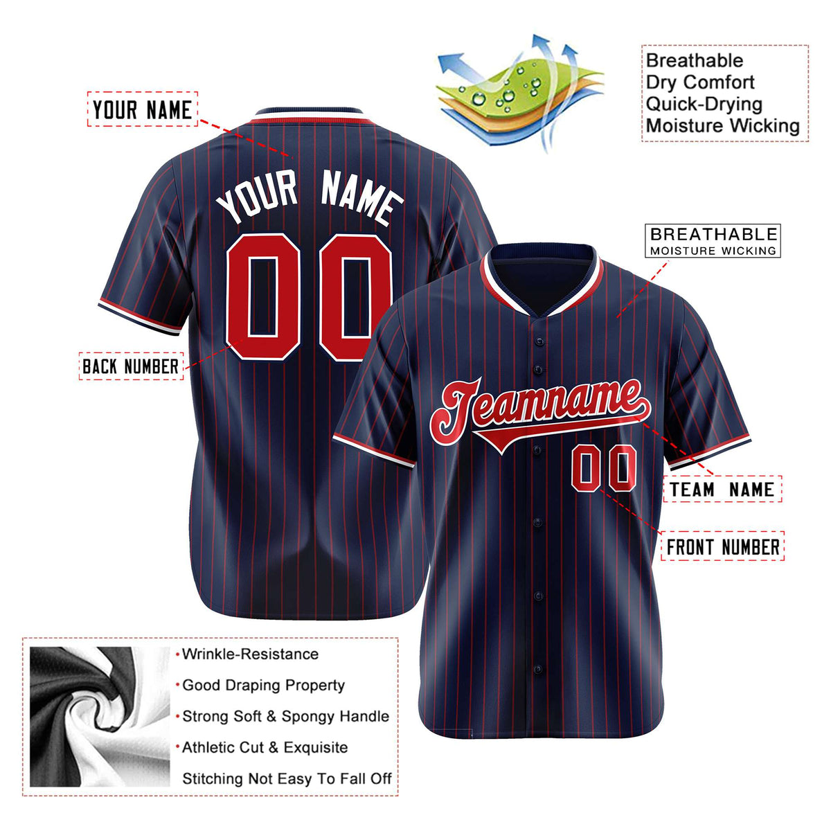 Custom Navy Red Pinstripe Red-White Authentic Baseball Jersey