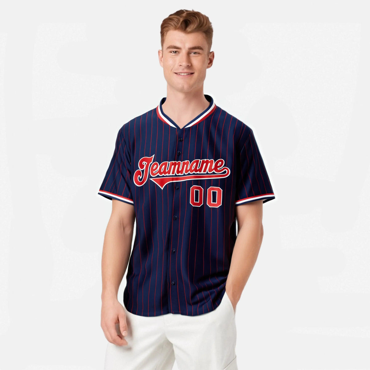Custom Navy Red Pinstripe Red-White Authentic Baseball Jersey
