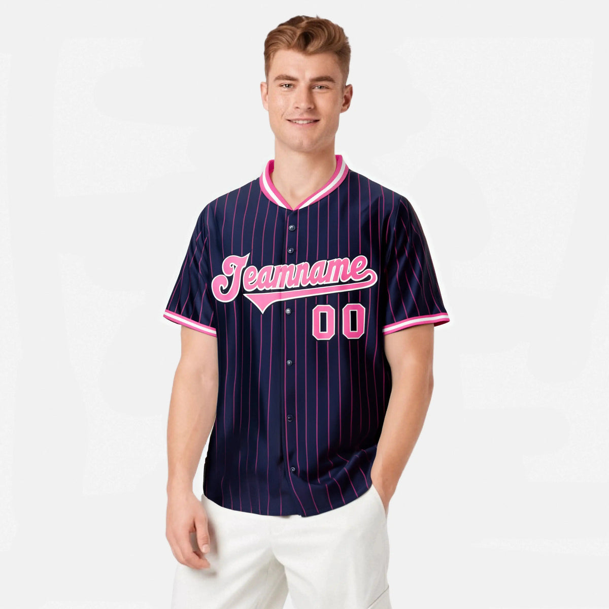 Custom Navy Pink Pinstripe Pink-White Authentic Baseball Jersey