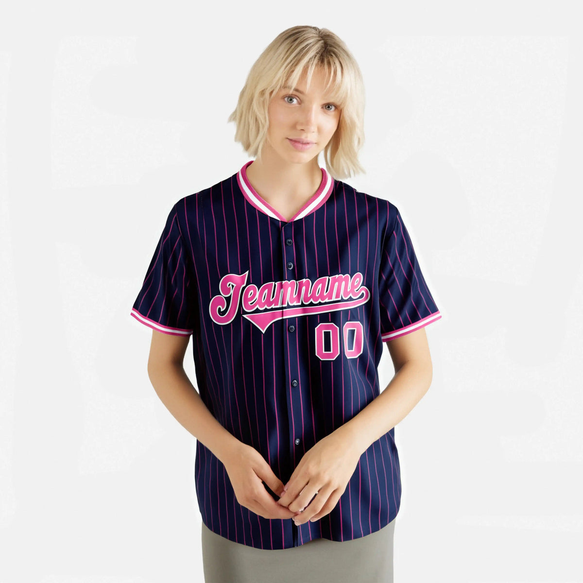 Custom Navy Pink Pinstripe Pink-White Authentic Baseball Jersey
