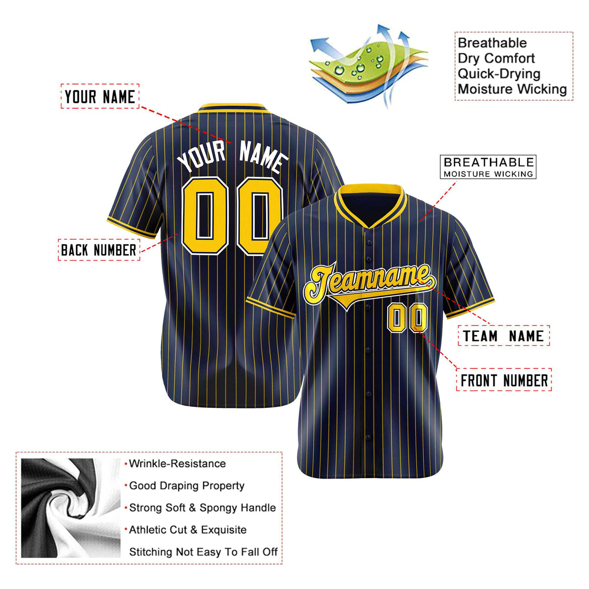 Custom Navy Yellow Pinstripe Yellow-White Authentic Baseball Jersey